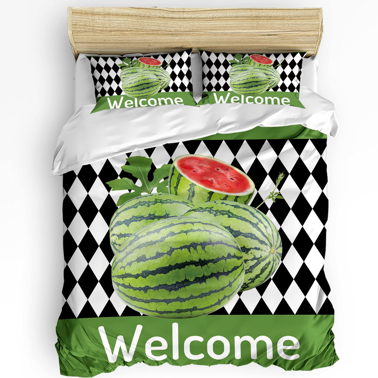 Custom King Size Watermelon Duvet Cover Set - 3 Piece Lightweight Soft Microfiber Bedding with Wrinkle & Stain Resistance - Summer Green Fruit Diamond Pattern Comforter Cover - Perfect for Guest Rooms, Kids' Bedrooms & Summer Decor