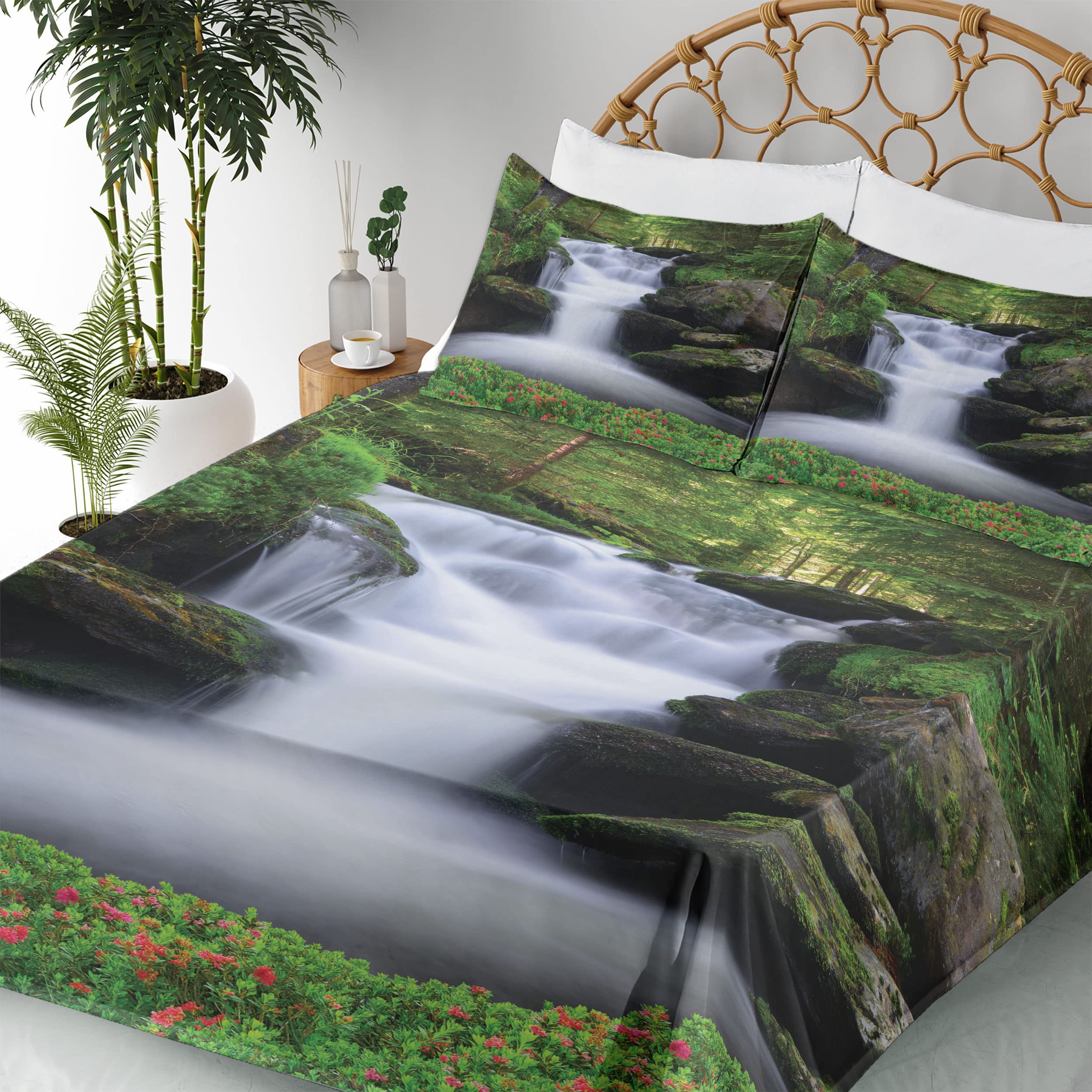 Ambesonne Waterfall King Size 4-Piece Sheet Set - Green & White Forest Floral Print, Fitted & Flat Sheets with Pillowcases | Nature-Inspired Bedroom Decor for Cozy Retreats & Spa-Like Relaxation
