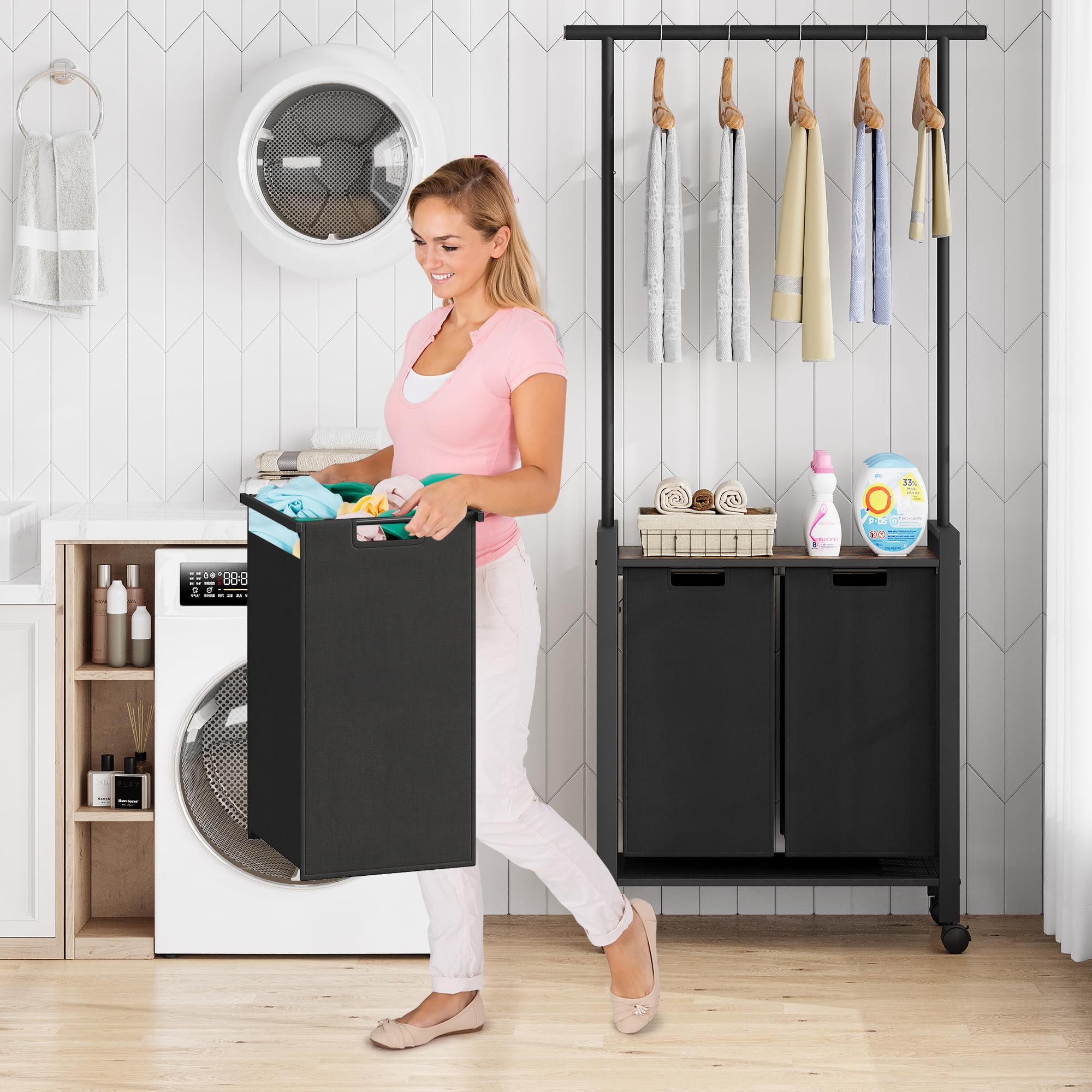 2-Section Rolling Laundry Hamper with Hanging Bar & Wheels - Heavy Duty Clothes Organizer for Bedroom, Bathroom, Dorm - Perfect for Sorting Dirty Clothes & Hanging Garments