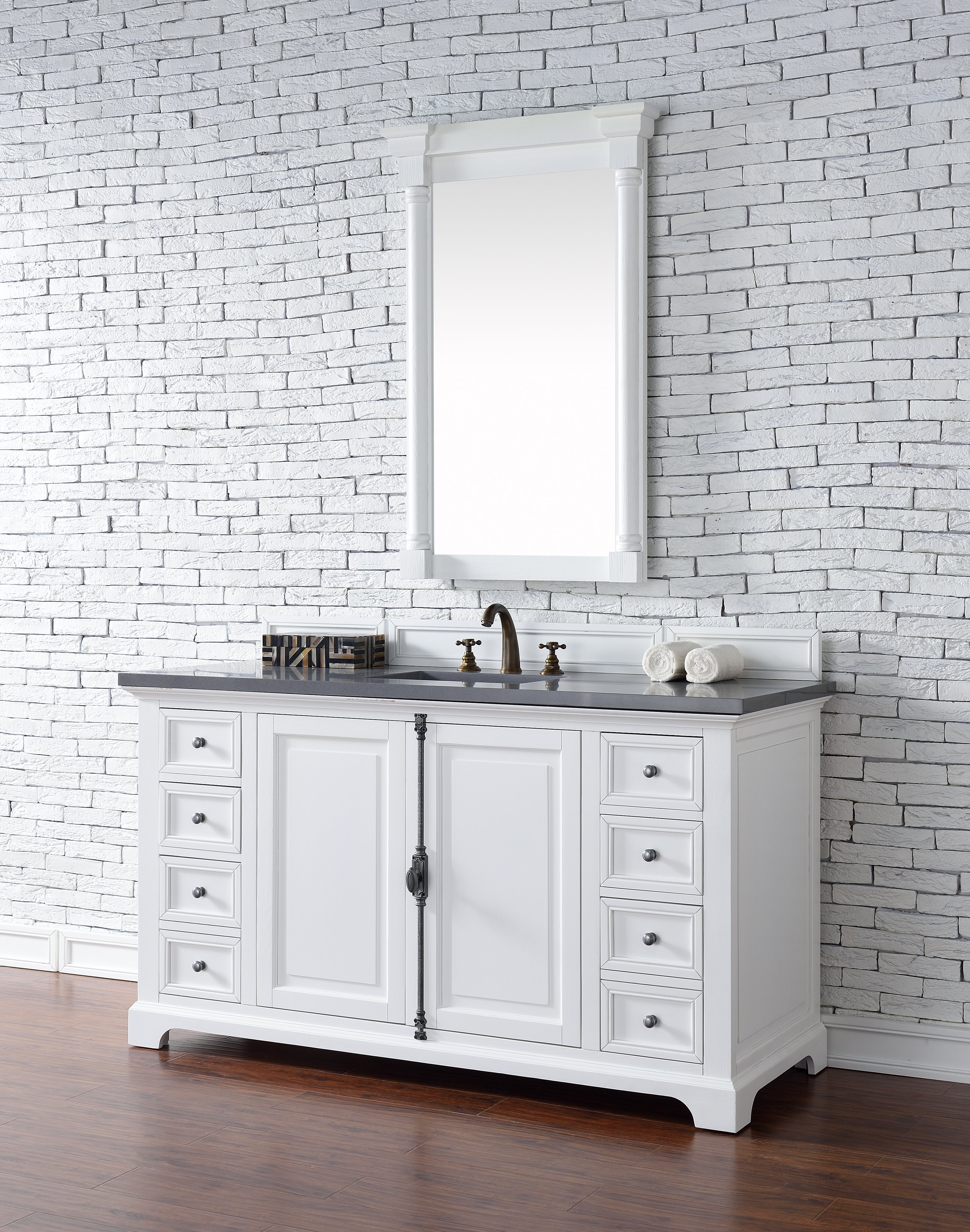 Providence 60 Inch Single Bathroom Vanity Set with 3CM Grey Expo Quartz Countertop - Bright White Finish for Modern Bathroom Remodeling & Home Upgrade