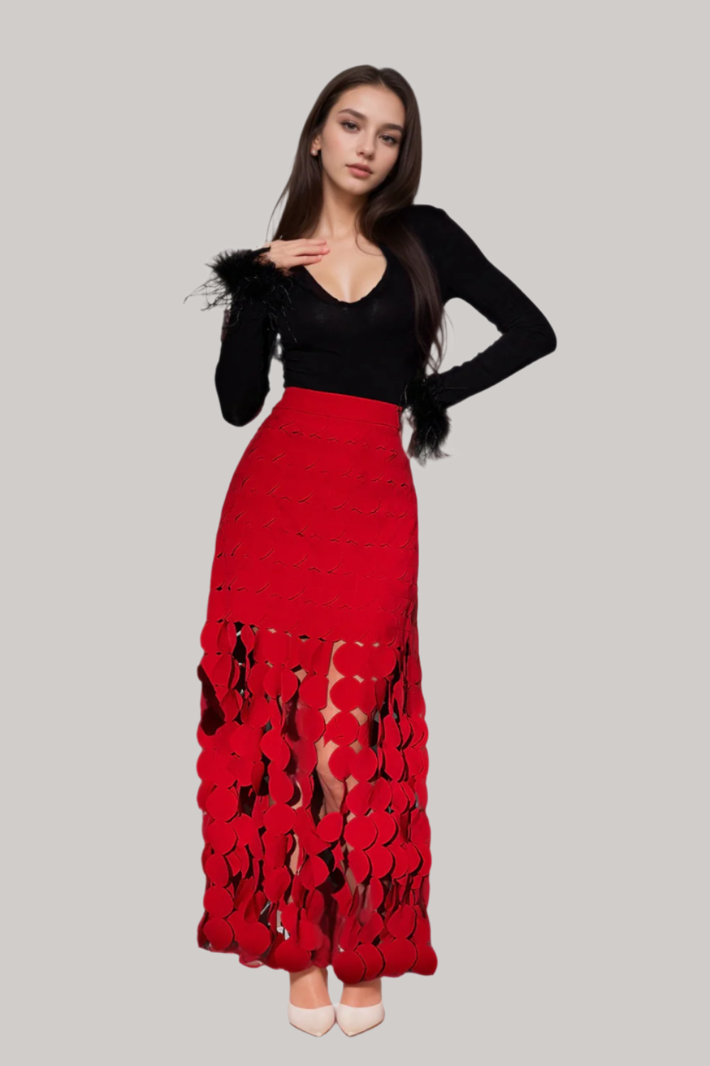 Red Circle Cutout Fringe Skirt - Sexy High Slit Party Skirt for Women | Perfect for Night Out, Club, Date & Festival