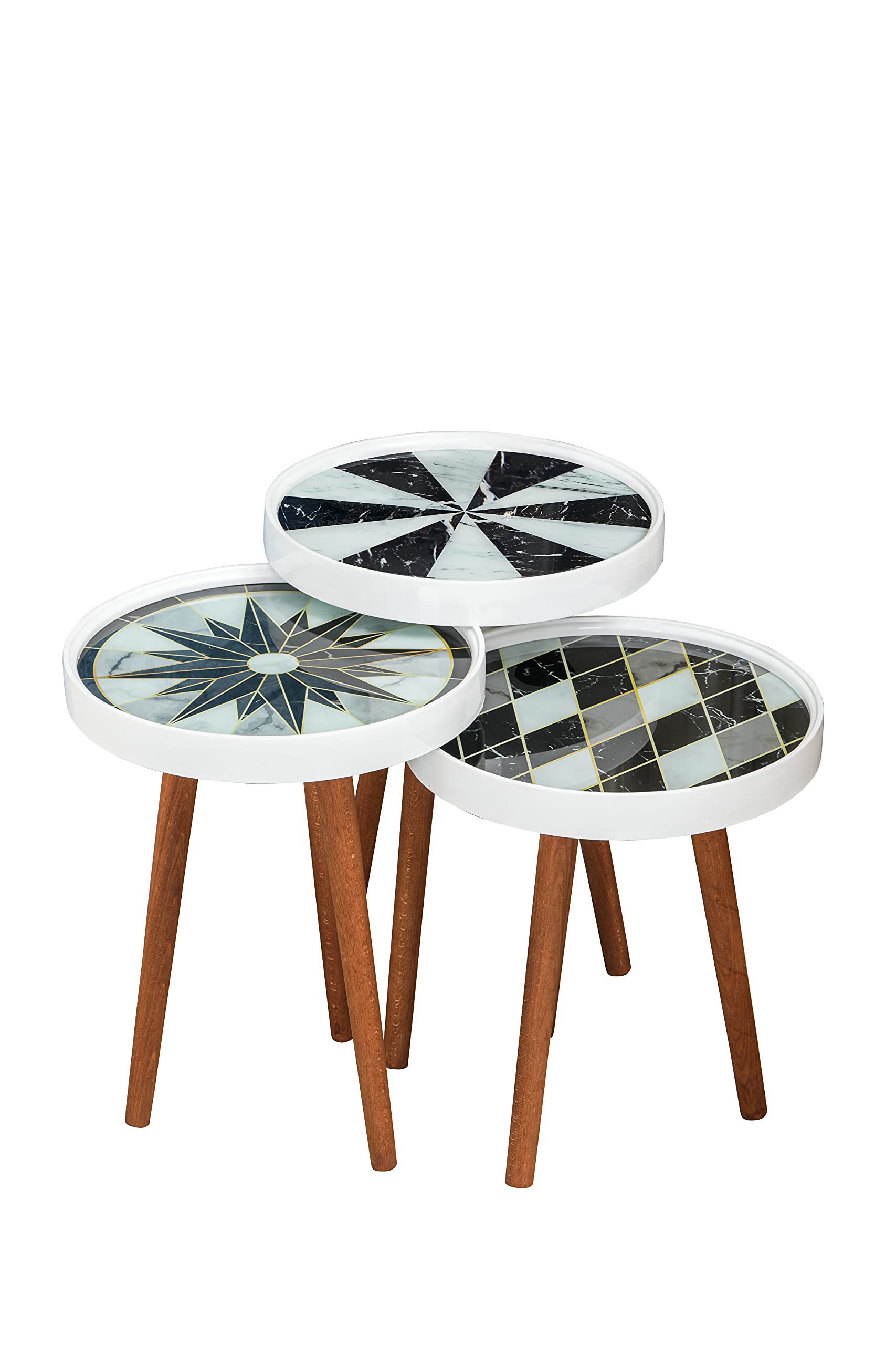 Modern 3-Piece Nesting Table Set - Round Coffee & Side Tables with Wood Legs for Living Room, Bedroom, Home Office - Black & White Geometric Design - Perfect for Small Spaces, Accent Decor & Extra Storage