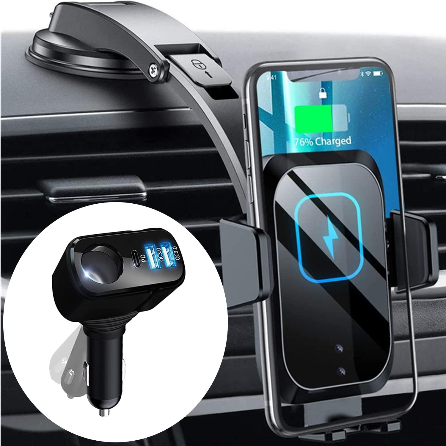 IDOLCO 56W USB Car Charger with PD3.0 & QC3.0 Fast Charging | 4-in-1 Multi-Port Cigarette Lighter Adapter | Auto-Clamping Wireless Car Phone Mount | Perfect for Road Trips & Daily Commute
