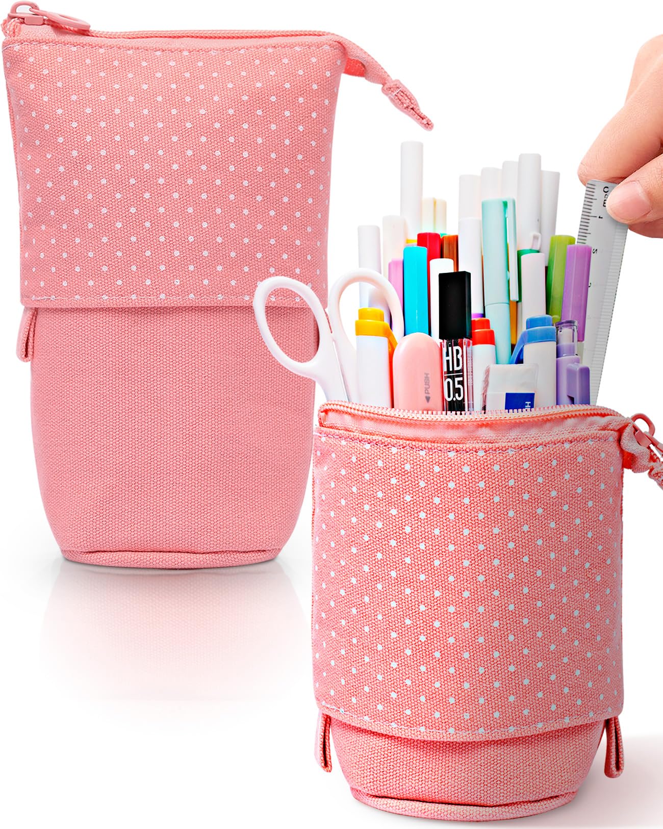 Sooez Telescopic Standing Pencil Case - Portable & Spacious Pouch Holder for Pens, Pencils & School Office Supplies - Kawaii Design in Pink - Perfect for School, Office & Travel Organization