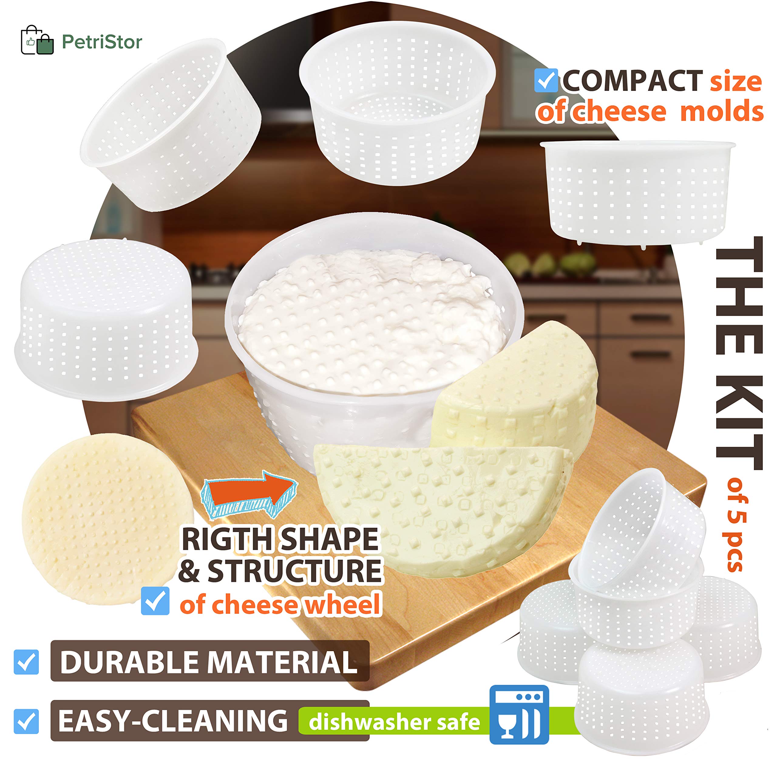 PetriStor 5-Piece Soft Cheese Mold Set for Homemade Cheese Making - 0.8QT Small Cheese Molds for Cream Cheese, Feta & Fresh Cheese - Perfect for DIY Cheese Lovers & Artisan Cheesemakers (Great for Home Kitchens & Small Dairy Farms)