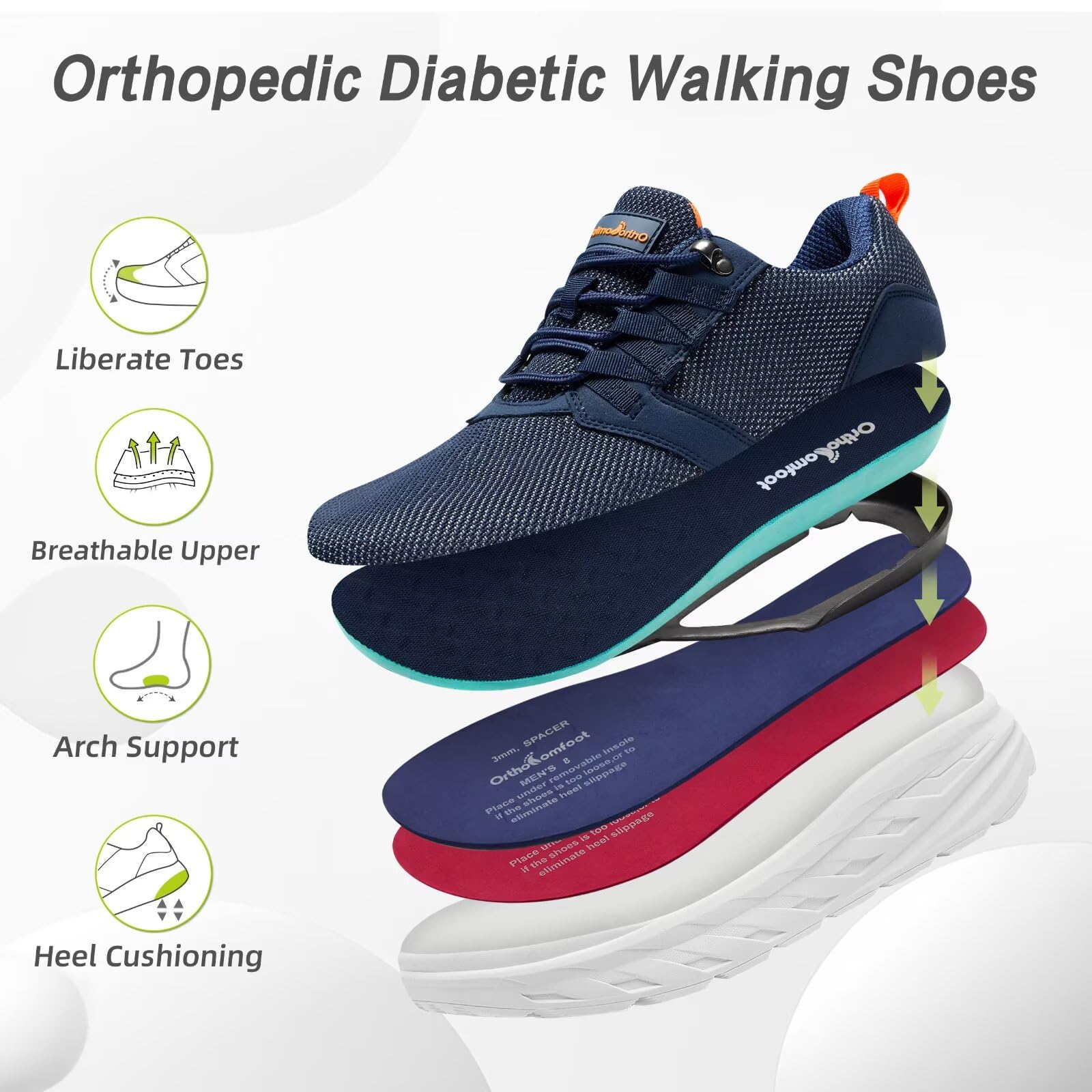 Orthopedic Diabetic Walking Shoes for Men - Wide Width Comfort Sneakers with Arch Support for Plantar Fasciitis, Hammer Toes & Foot Pain Relief - Ideal for Work, Sports, Tennis & Casual Wear