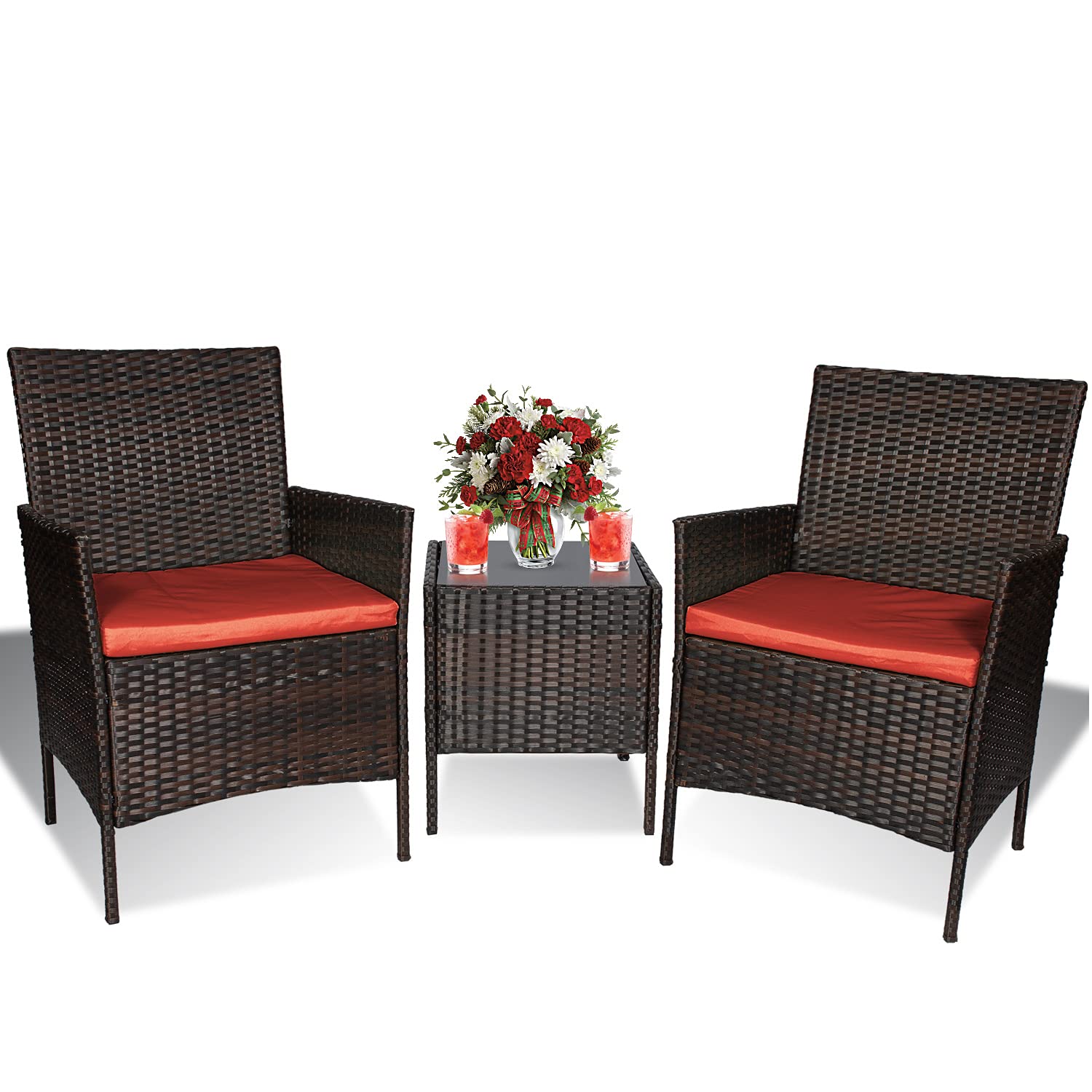 Premium 3-Piece Patio Furniture Set - Outdoor Wicker Rattan Conversation Set with Coffee Table, Chairs & Thick Cushions - Brown Rust PE Wicker for Garden, Lawn, Backyard, Poolside Relaxation & Outdoor Entertaining