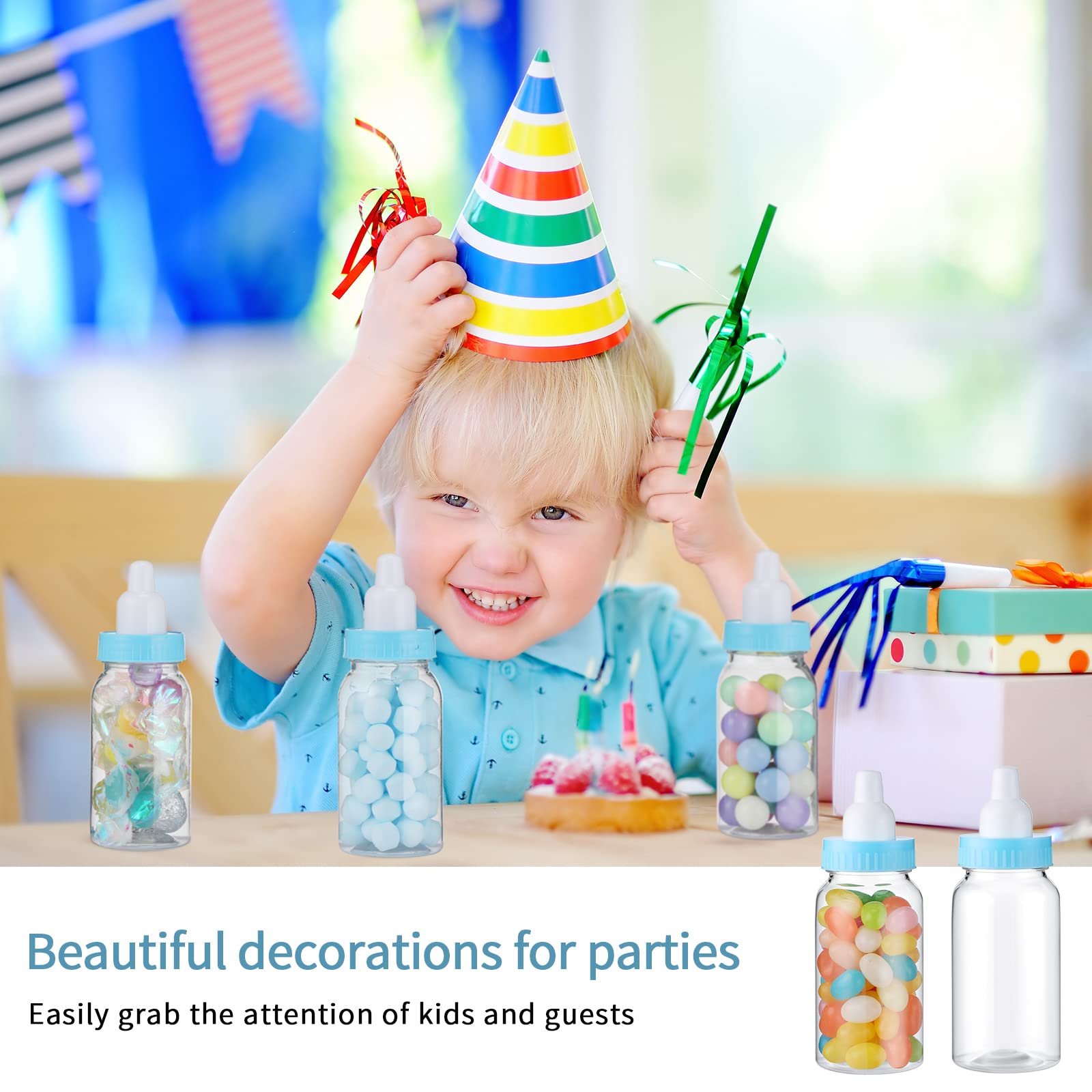 48 Pcs 4.5 Inch Mini Plastic Candy Bottles - Fillable Baby Shower Favors, Feeding Bottles for Party, Birthday, Baptism - Blue Removable Lids - Perfect for Newborn Celebrations, Candy Favors & Party Decorations