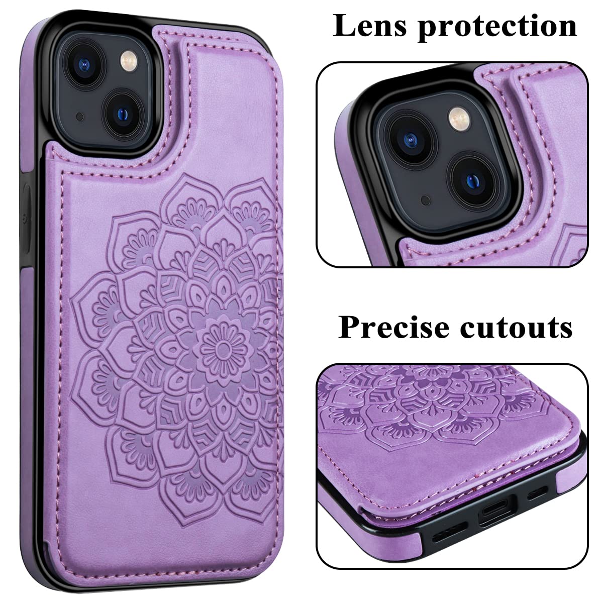MMHUO Magnetic Flip Wallet Case for iPhone 14 with Card Holder - Flower Design Protective Phone Cover for Women (Purple) | Perfect for Everyday Use, Travel & Hands-Free Convenience