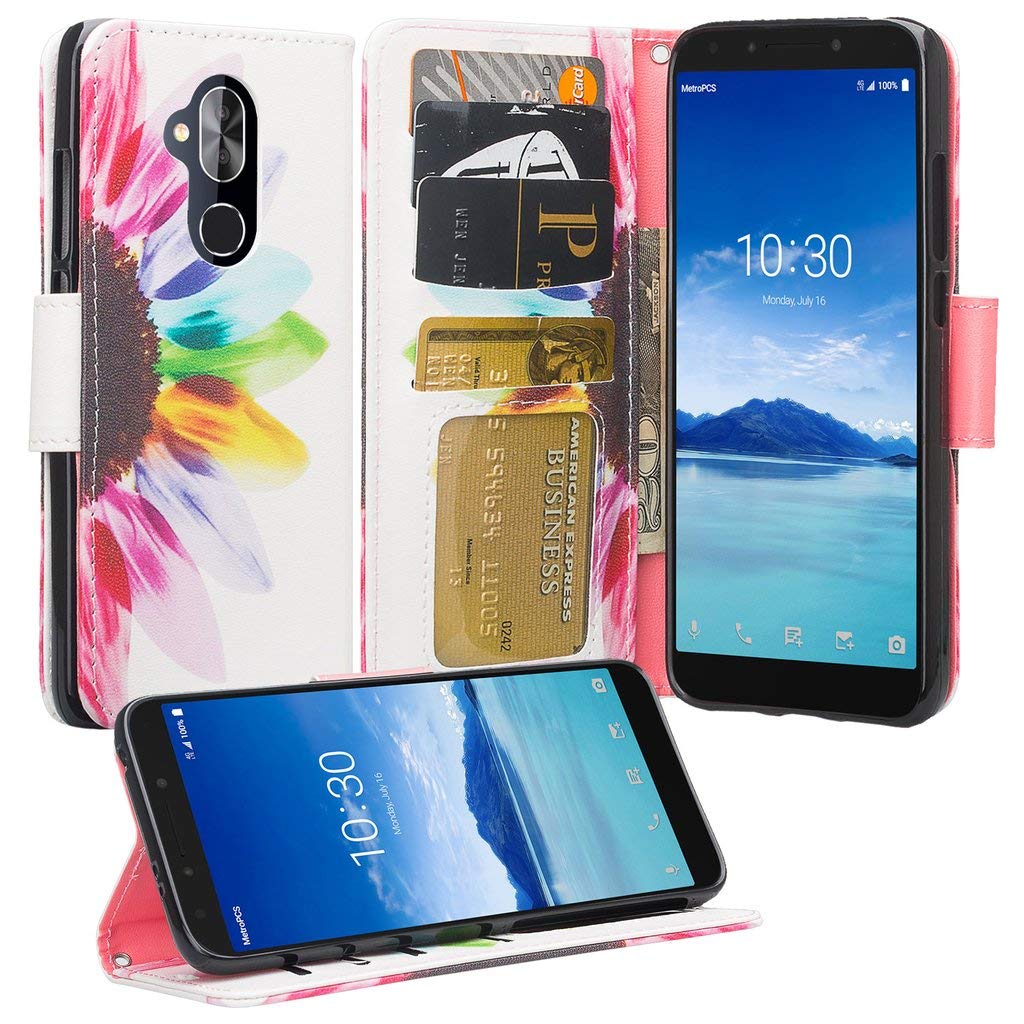Premium PU Leather Flip Wallet Case for Revvl 2 Plus/Alcatel 7 Folio - Kickstand & ID/Credit Card Slots (Sun Flower Design) | Perfect for Work, Travel & Everyday Protection