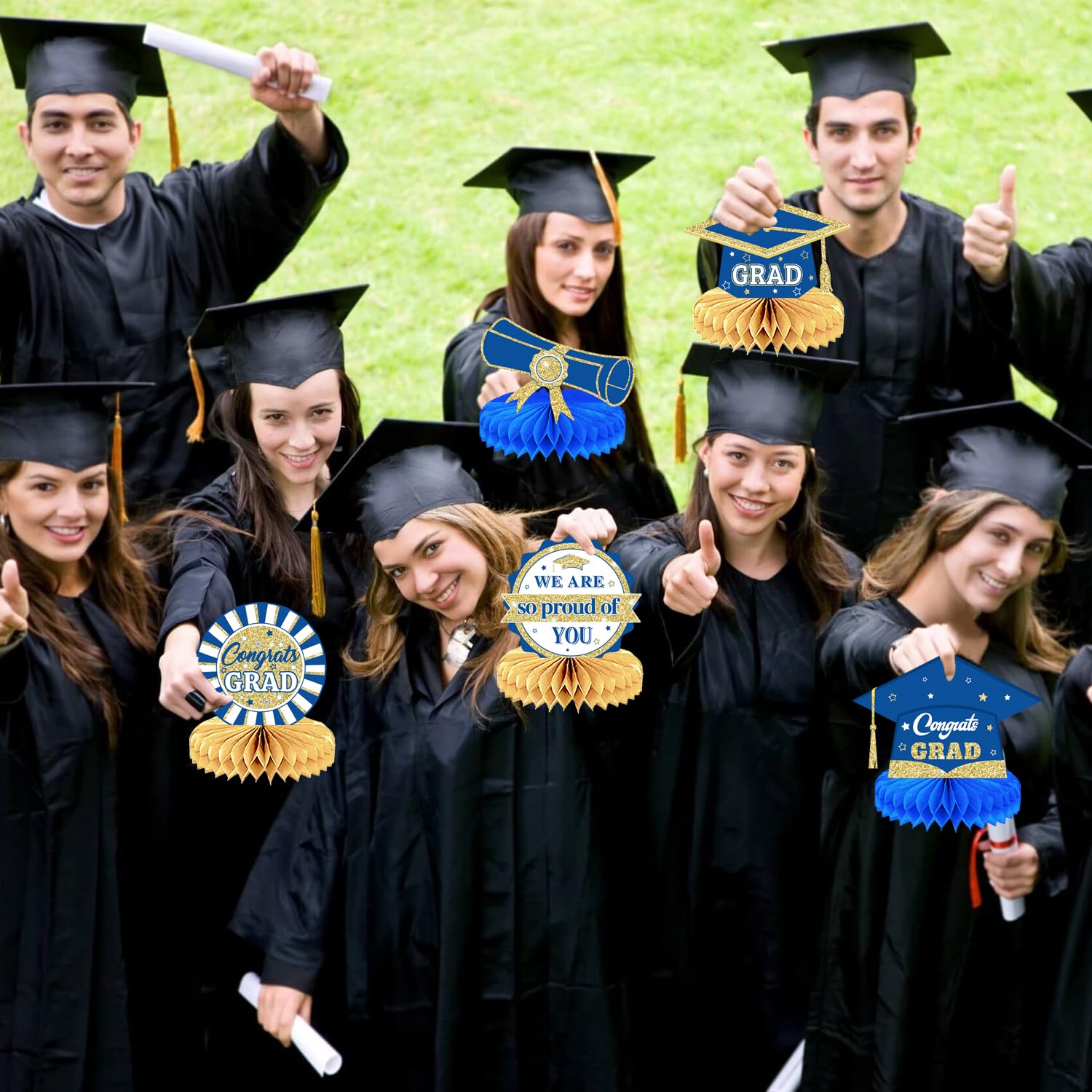 2025 Graduation Party Decorations - 9-Piece Blue & Gold Honeycomb Centerpieces for Graduation Ceremony, Congrats Grad Decor - Perfect for Graduation Party, School Events & Home Celebration