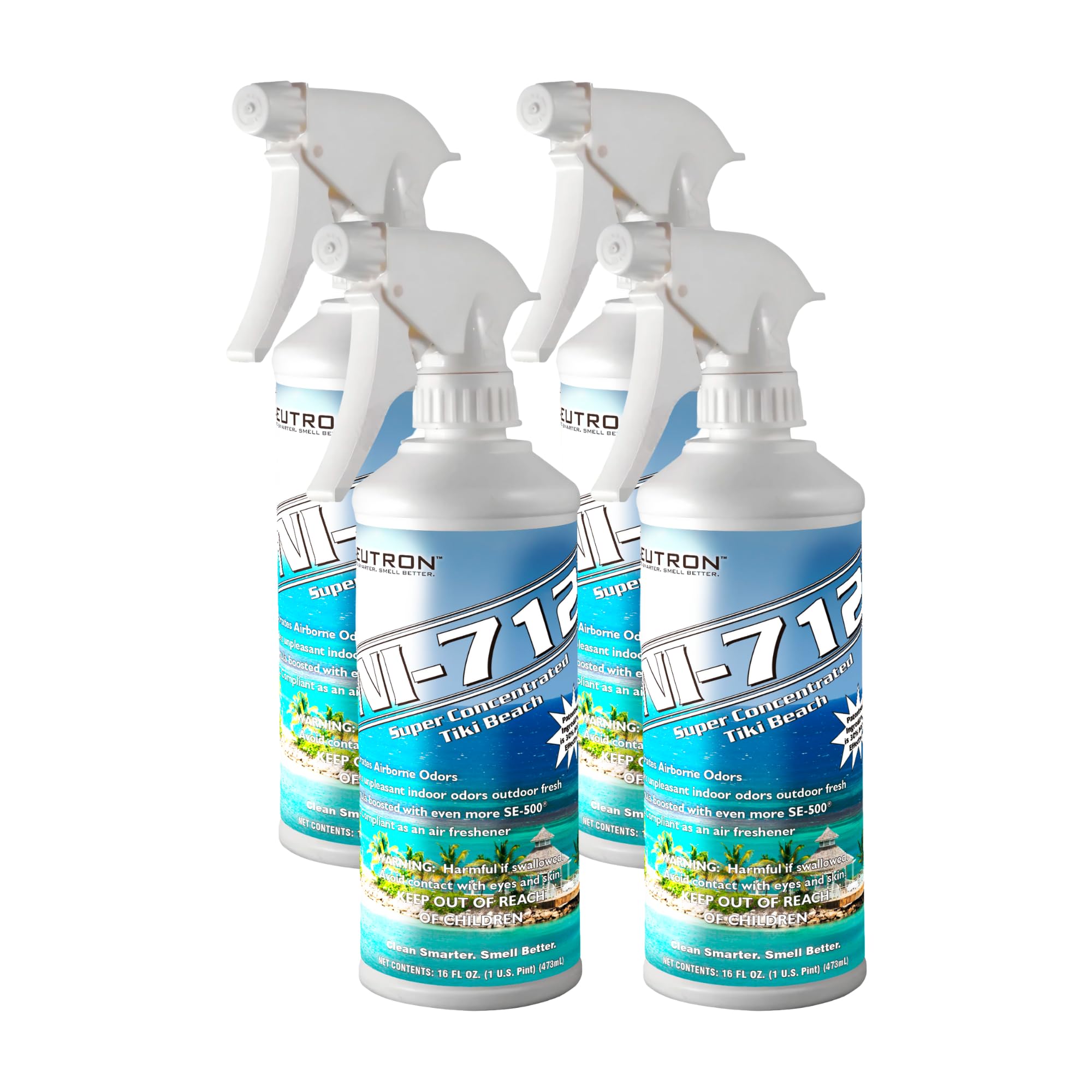 Neutron Industries NI-712 Tiki Beach Odor Eliminator Spray - 4 Pack (16 oz Each) | Powerful Long-Lasting Odor Neutralizer for Home, Car, Pet Areas & Bathroom | Instant Air Freshener with Tropical Scent | Eliminates Smoke, Cooking & Musty Odors