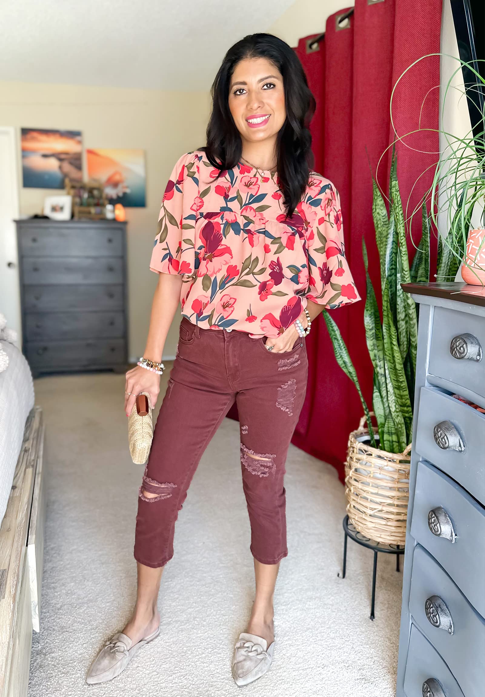 Luvamia 2024 Women's Floral Boho Blouses - Dressy Casual Babydoll Tops with Short Bell Sleeves | Summer Flowy Shirts for Beach, Party & Office Wear