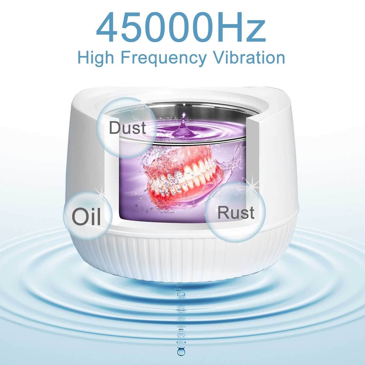 Ultrasonic Cleaner for Dentures & Jewelry - 45kHz Portable U-V Cleaning Machine for Aligners, Watch Bands & Makeup Brushes - Stainless Steel Design