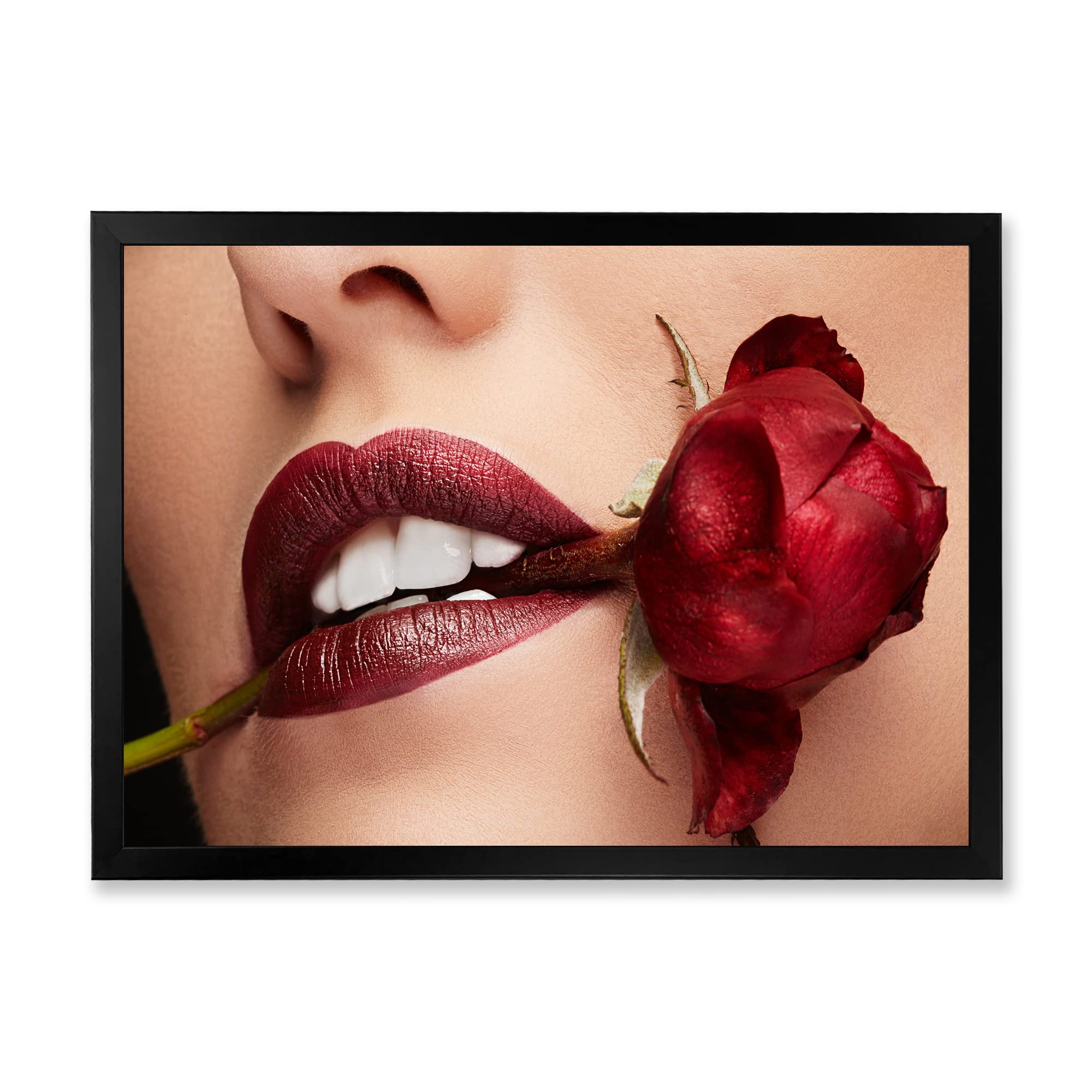 DesignQ Modern Framed Wall Art - Woman with Red Lipstick Holding Rose in Mouth - Perfect for Living Room, Bedroom & Office Decor
