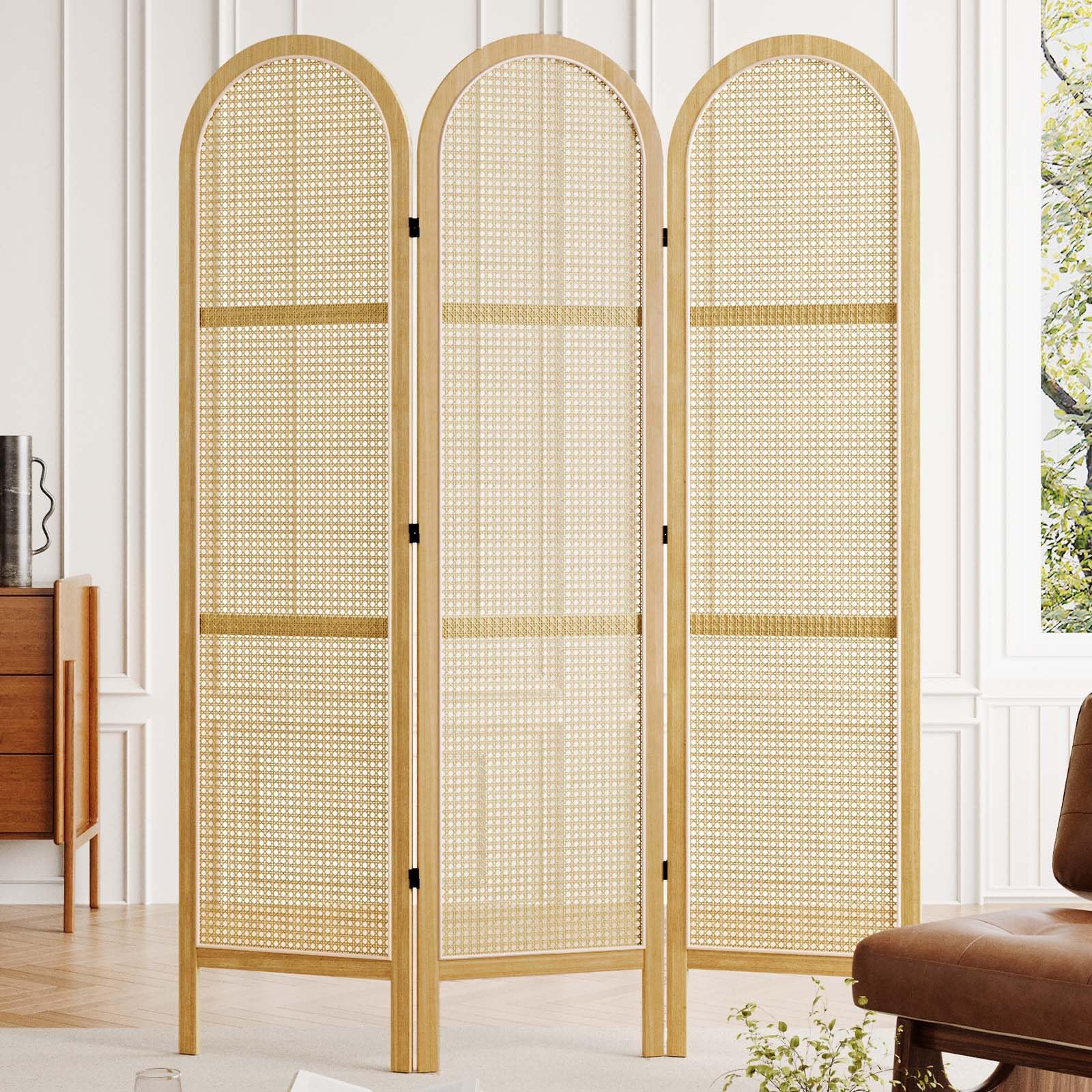 5.6 Ft Pine Wood Room Divider with Double Hinged Rattan Panels - Freestanding Folding Privacy Screen for Home Office, Bedroom & Living Room (3-Panel, Natural) - Perfect for Space Separation & Home Decor
