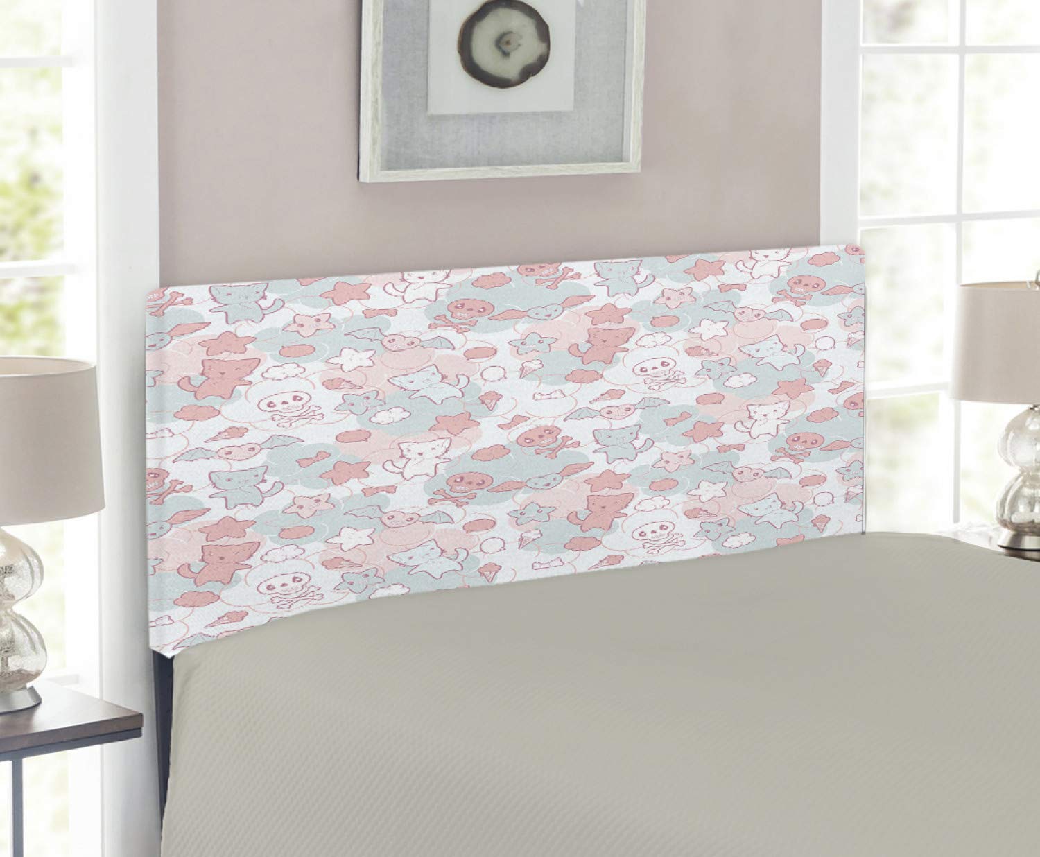 Ambesonne Cartoon Headboard - Japanese Inspired Kawaii Design with Cats, Bats & Skulls - Upholstered Decorative Metal Bed Headboard with Memory Foam - Twin Size in Pale Pink & Pale Blue - Perfect for Kids' Bedrooms, Anime Themed Rooms & Kawaii Home Decor