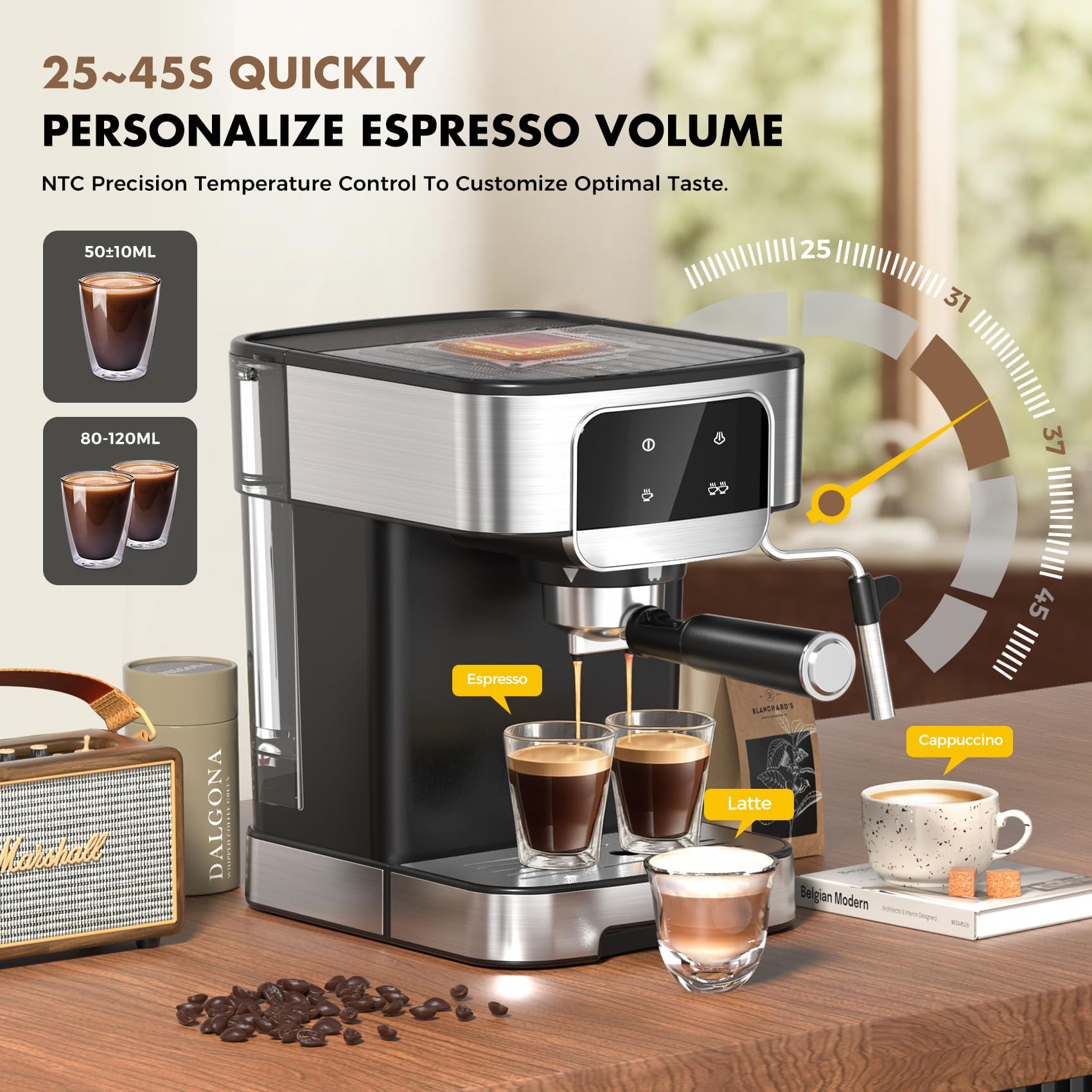 20 Bar Professional Espresso Machine with Auto Milk Frother - Compact Home Coffee Maker with LED Touch Screen & 61OZ Removable Water Tank - Perfect for Lattes, Cappuccinos & Home Baristas - Ideal for Small Kitchens, Offices & Coffee Enthusiasts