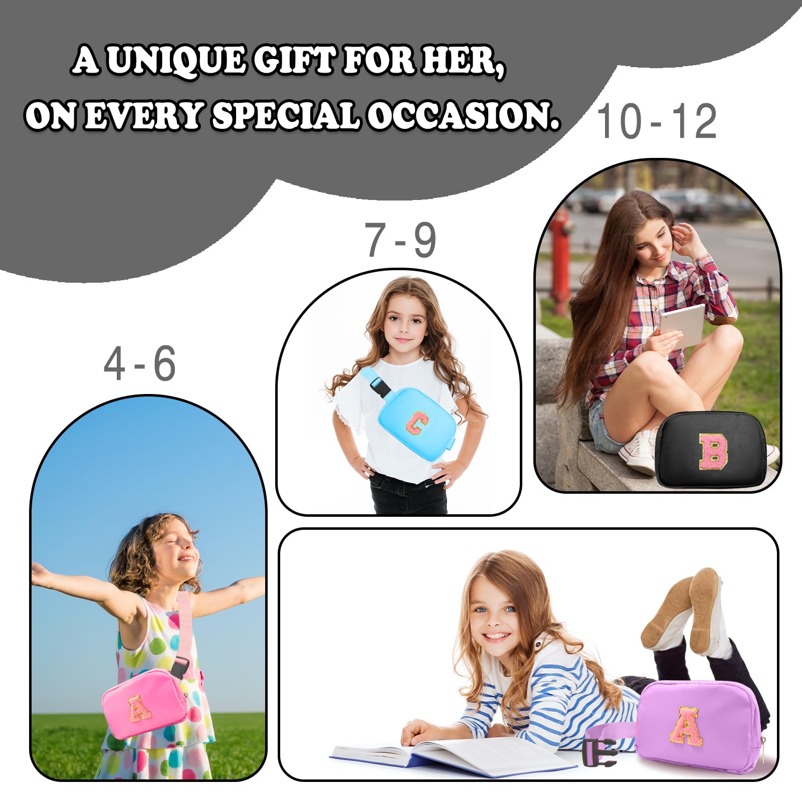 Personalized Initial Letter Crossbody Bag for Girls Ages 4-13 | Cute Fanny Pack with Custom Patch | Birthday Gift for Women, Teens & Kids (A, Black) | Perfect for School, Travel & Everyday Use