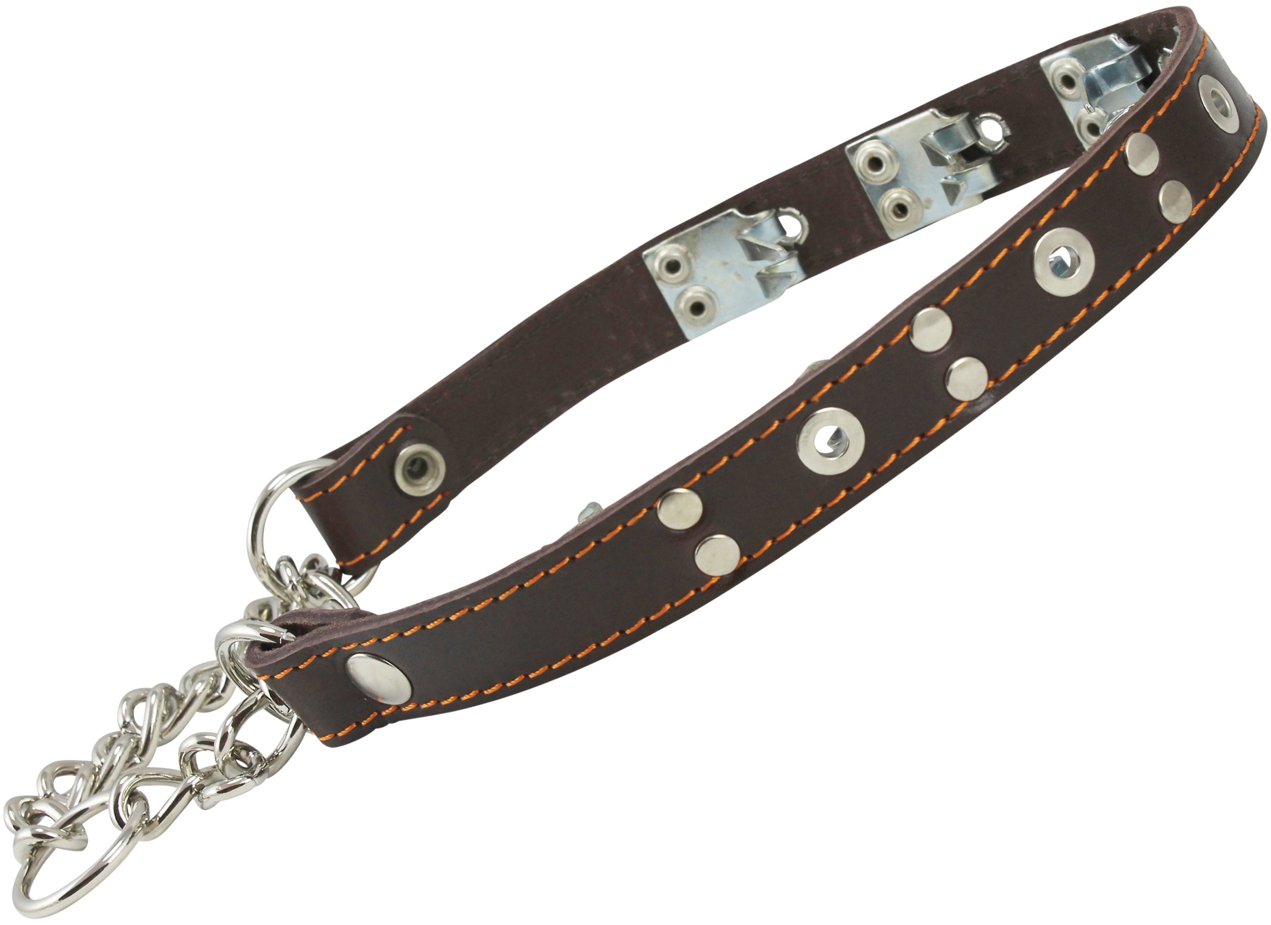 Genuine Leather Studded Martingale Dog Collar for Training - 4mm Link, Brown, 3 Sizes (17.5
