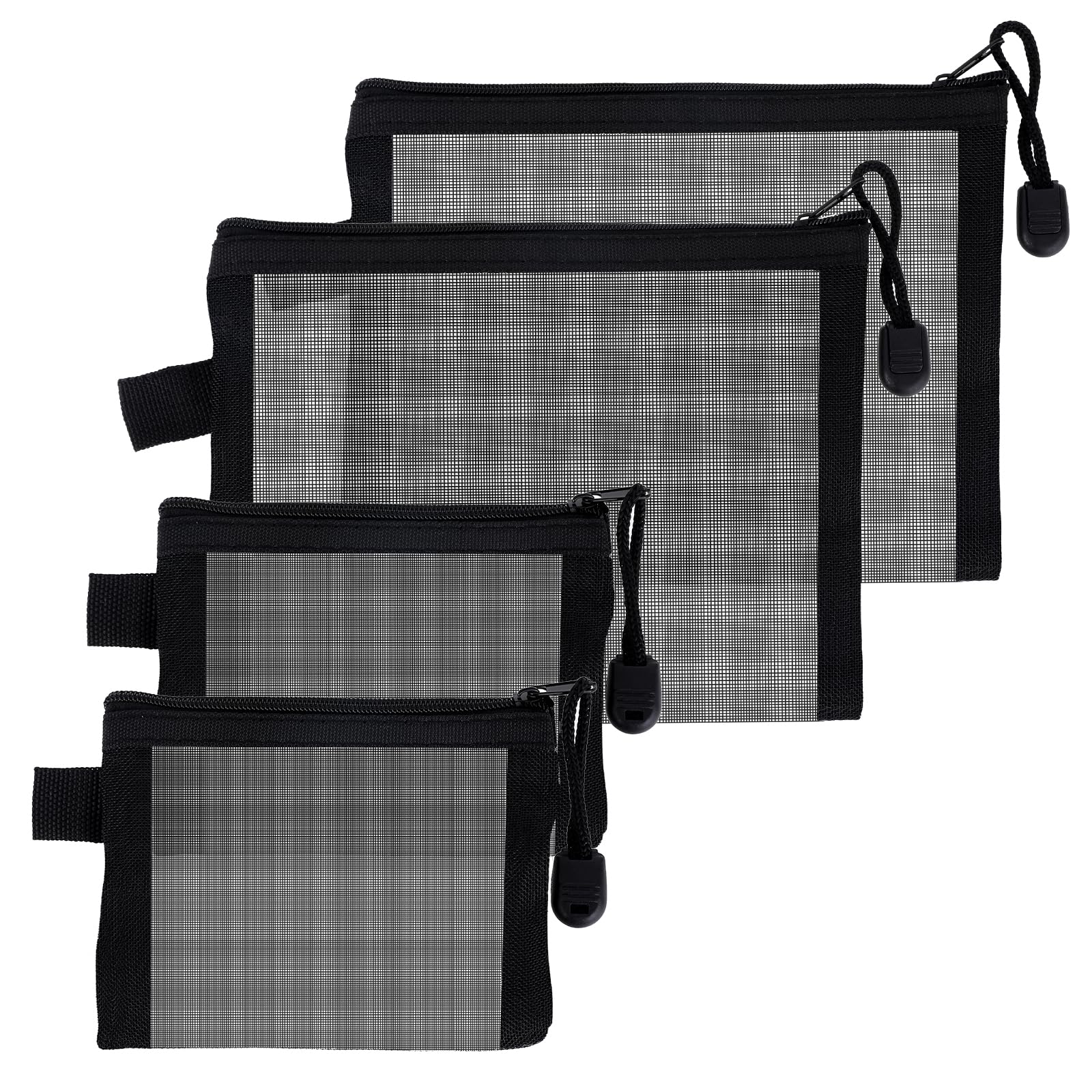 4 Pack Black Mesh Pencil Pouches with Zipper - Nylon Cosmetic & Makeup Bags, Toiletries Organizer for Diapers, Office Supplies, Travel Essentials - Perfect for Home, School, Work & Travel Organization
