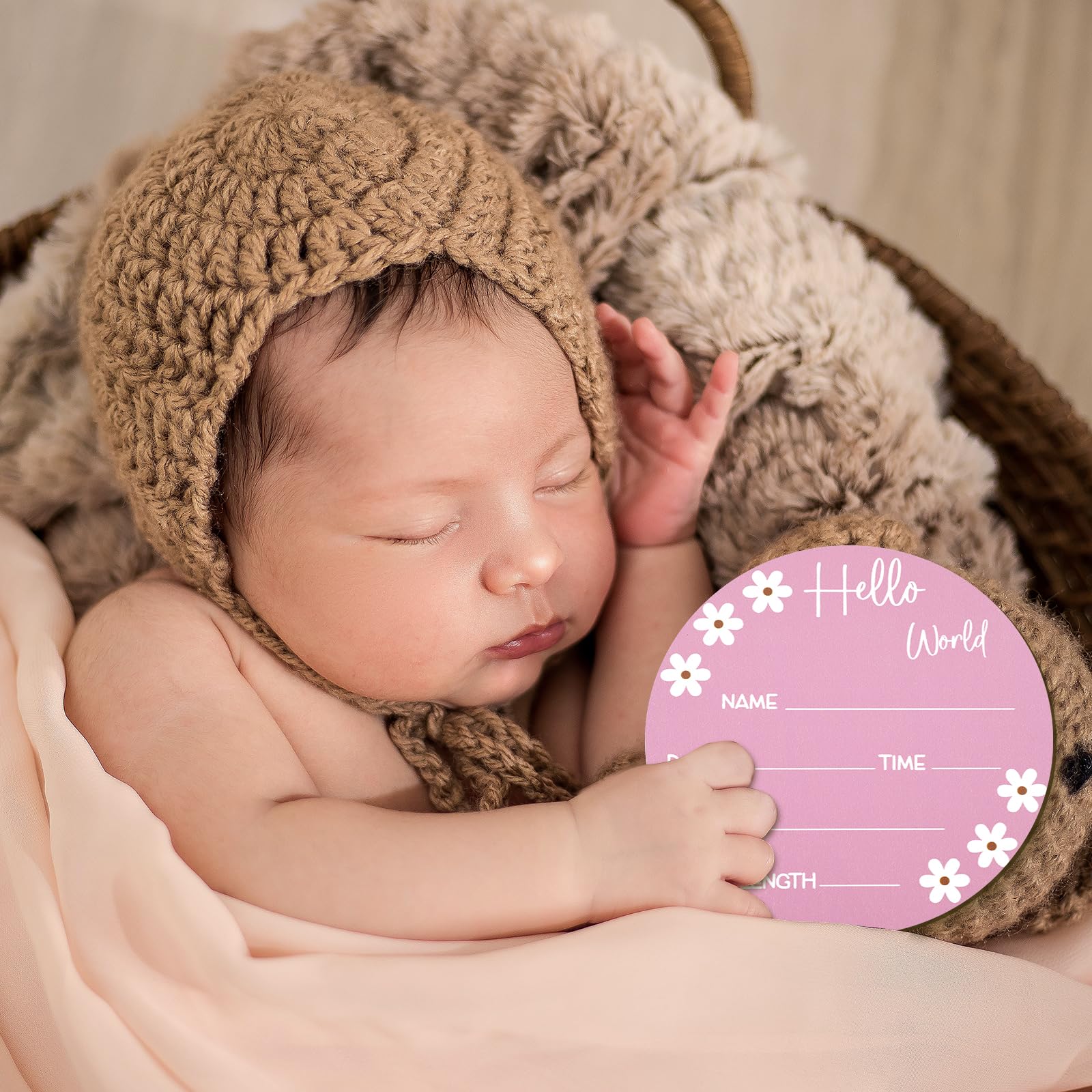 5.9 Inch Wooden Baby Name Sign - Personalized Hello World Birth Announcement Plaque with Daisy Design for Newborn Boys & Girls | Perfect Photography Prop, Baby Shower Gift, Nursery Decor & Hospital Keepsake (Rose Red)