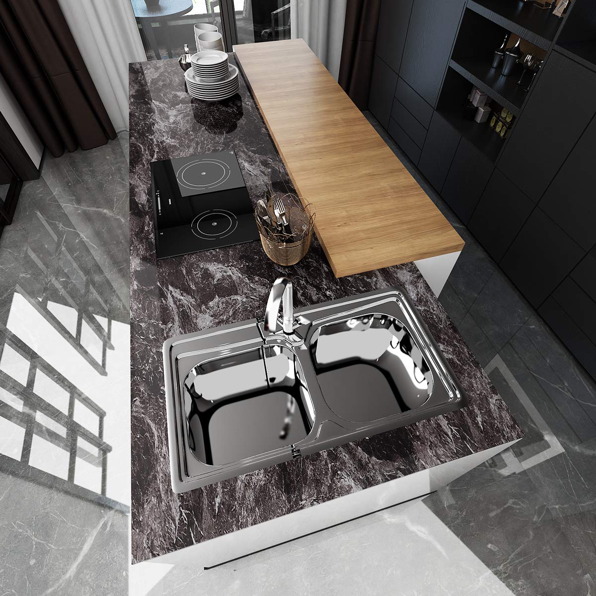 VEELIKE Black Marble Peel and Stick Contact Paper - Waterproof, Removable, Oil-Proof Adhesive Film for Countertops, Cabinets & Walls - 35.4