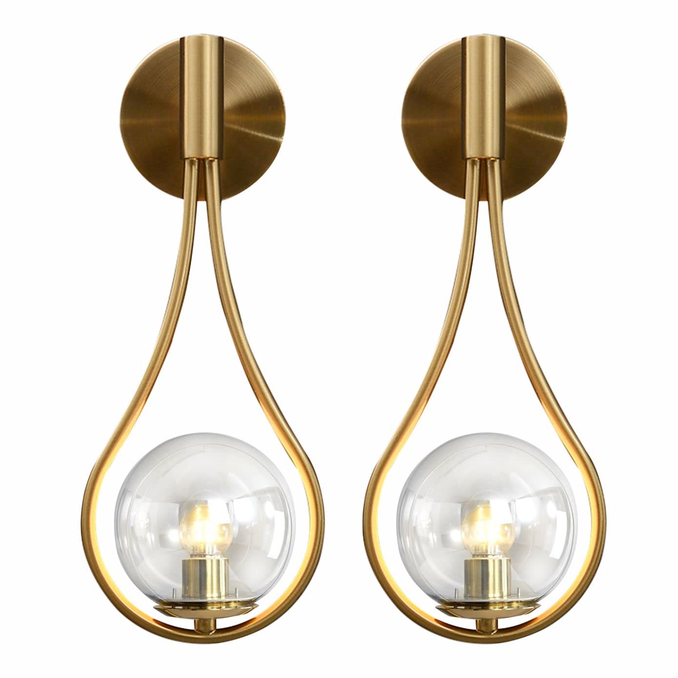 BOKT Gold Globe Glass Wall Sconce 2 Pack - Mid-Century Modern Vanity Lights with Clear Glass Shade - Industrial Style Bathroom Vanity Lighting - Indoor Wall Lamp for Living Room, Hallway, Bedroom - Perfect for Home Decor, Apartment Lighting, and Commercial Spaces