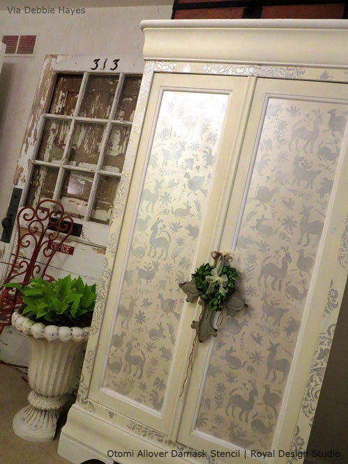 Otomi Allover Damask Wall Stencil - DIY Home Decor Stencil for Mexican Folk Art Painting, Wall Murals, and Furniture Upcycling