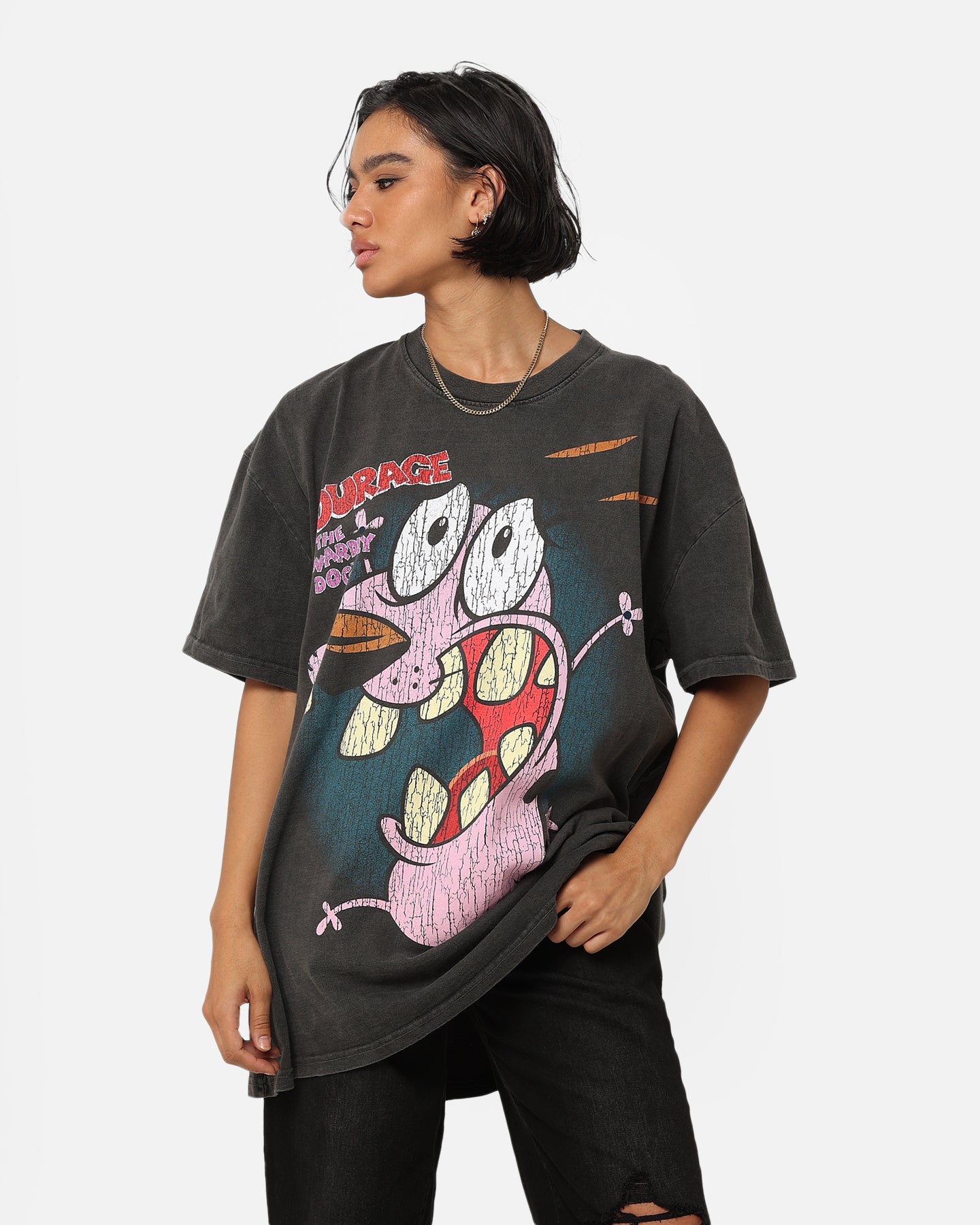 American Thrift X Cartoon Network Courage The Cowardly Dog Heavyweight Cotton T-Shirt - Black Wash - Vintage Cartoon Tee for Men & Women - Perfect for Casual Wear, Cosplay & Fan Gifts