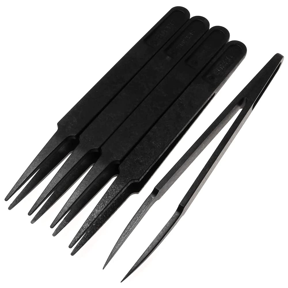 MMOBIEL 5-Piece Anti-Static Precision Tweezers Set - Pointed Tip Plastic Tweezers for Electronics Repair, Jewelry Making & Lab Work - Perfect for Watch Repair, PCB Assembly & Crafting Projects