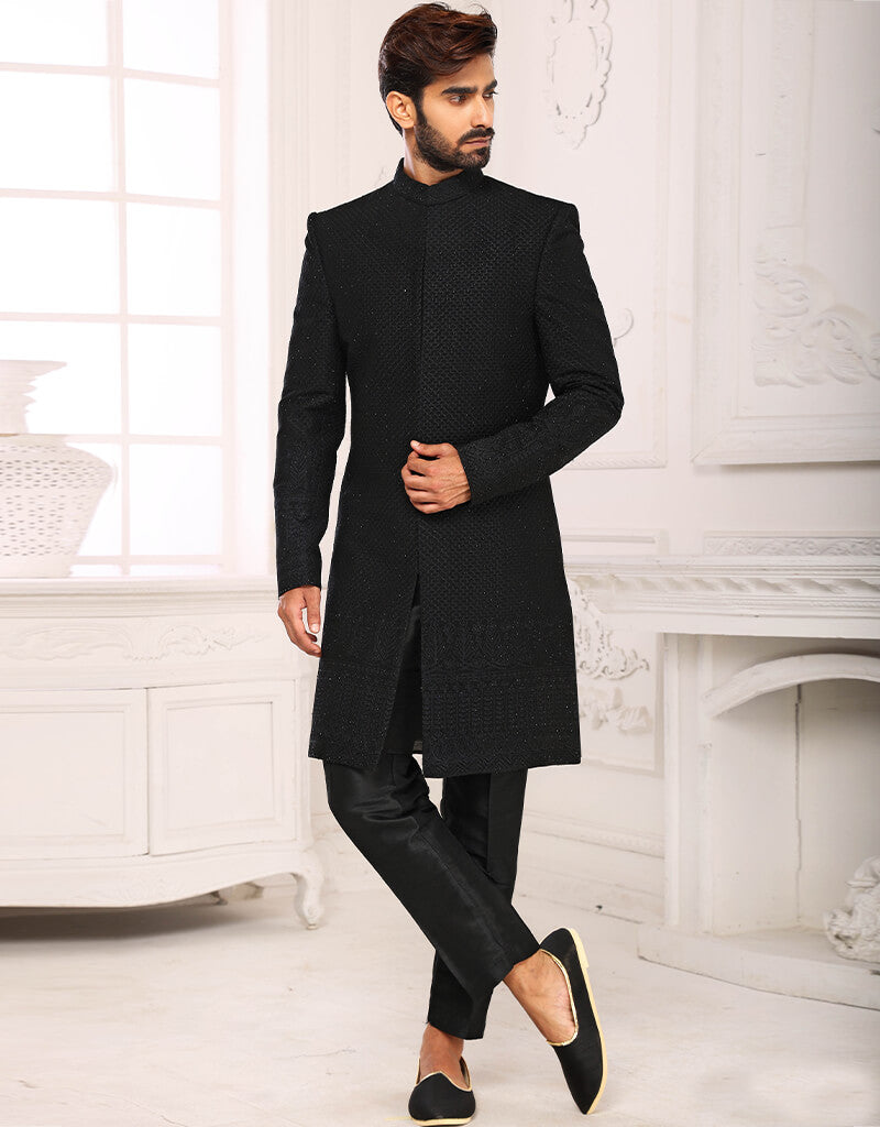 Elegant Black Georgette Kurta with Aligadhi Pant Set - Traditional Indian Ethnic Wear for Women - Perfect for Festivals, Weddings & Special Occasions