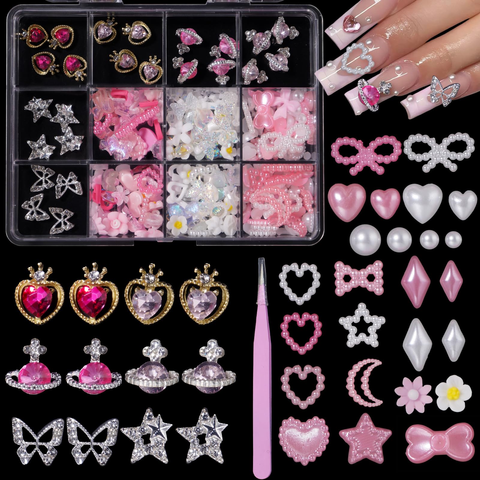 3D Nail Charms and Gems - 24 Pcs Chunky Star Heart Planet Butterfly Alloy Rhinestone Charms with Pink White Flowers, Bows, Hollow Stars, Moon Pearls for Acrylic Nail Art DIY | Perfect for Nail Salon, Home Manicure, Party Nail Designs and Gift Giving
