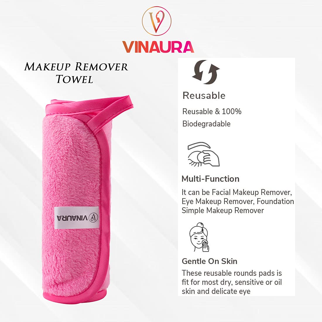 VINAURA Reusable Makeup Remover Towel - Instantly Removes Waterproof Face, Eye & Lip Makeup with Just Water | Soft Cleansing Pad Sponge Cloth for Gentle Makeup Removal | Perfect for Travel, Gym & Daily Skincare Routine (1pc)