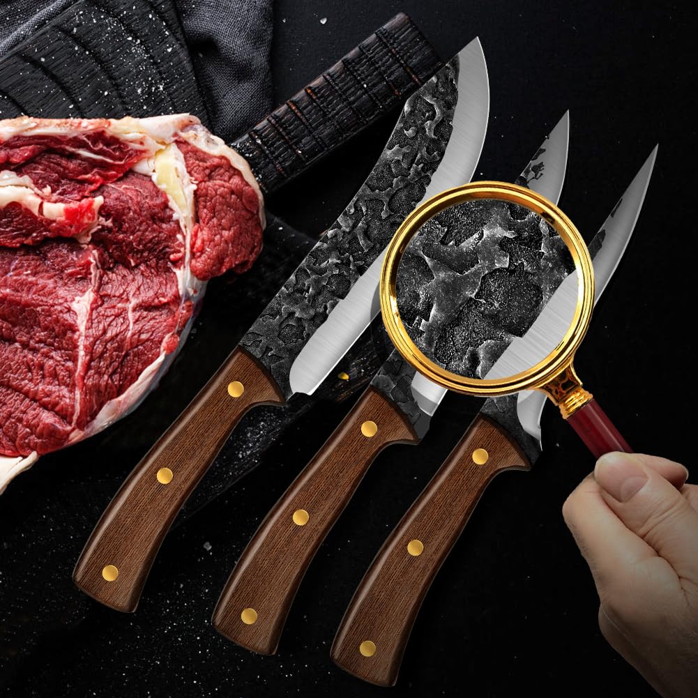 **UniqueFire 3-Piece Professional Chef Knife Set - High Carbon Steel Hand-Forged Kitchen Knives with Ergonomic Wood Handle - Sharp Butcher & Meat Cleaver Knives for Home & Restaurant - Perfect for Cooking, Slicing, and Meat Preparation**