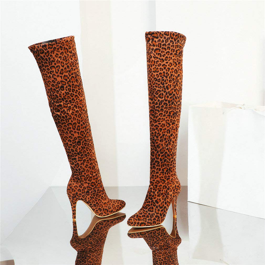 LUXMAX Women's Stretch Leopard Print Over The Knee Thigh High Stiletto Boots - Pointed Toe Fashion Boots for Party, Night Out & Winter Style