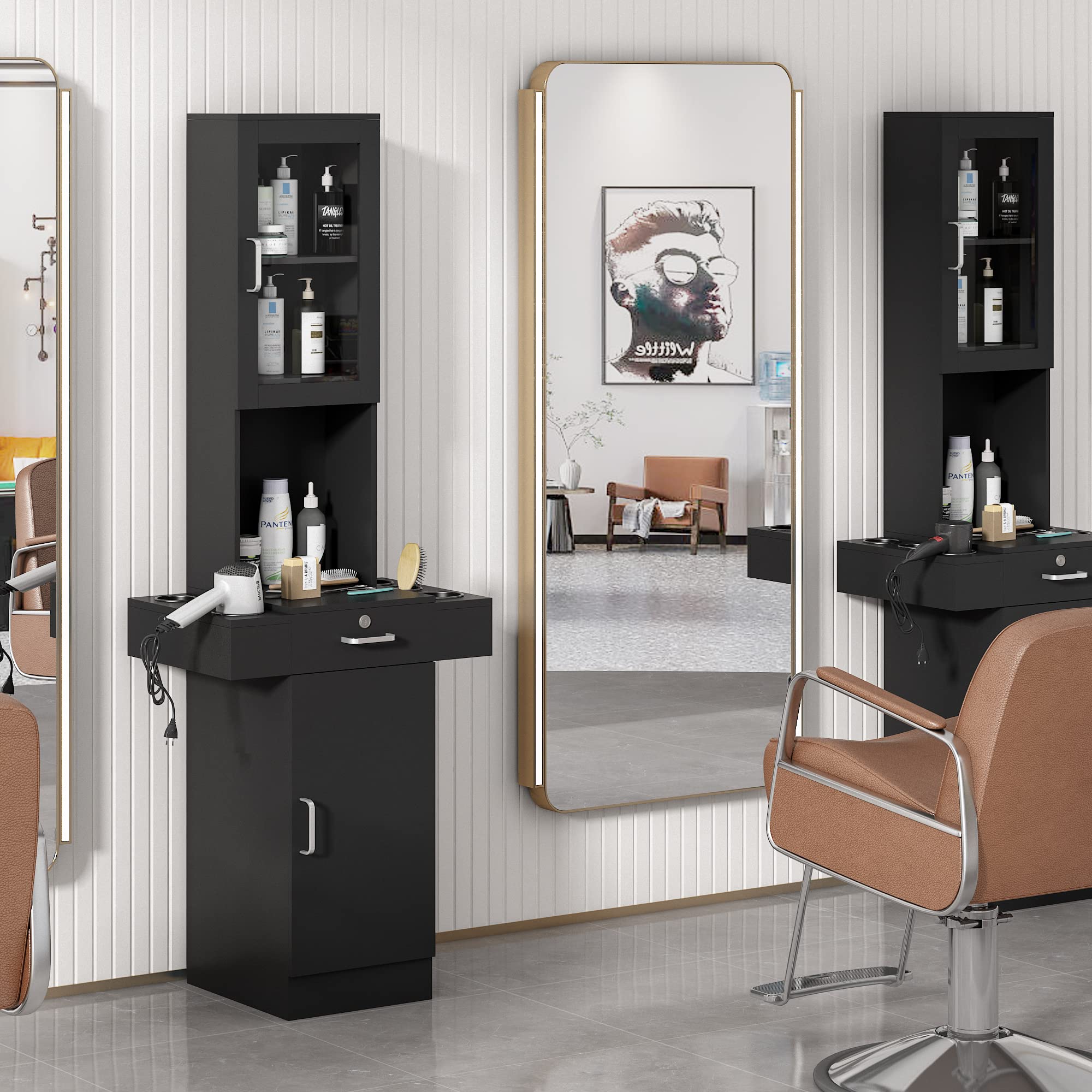 Professional Salon Station for Hair Stylists - Hair Styling Organizer with Glass Door, 6 Tool Dryer Holders & 2 Storage Cabinets - Black Beauty Spa Barber Equipment for Salon, Home & Professional Use