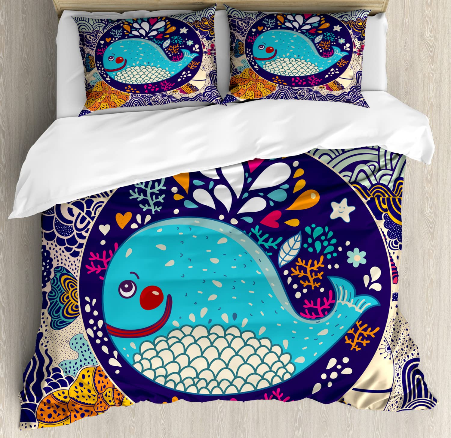 Ambesonne Sea Animals Duvet Cover Set - King Size 2-Pack with 2 Duvet Covers & 4 Pillowcases | Cartoon Whale, Starfish & Coral Ocean Theme | Purple & Aqua Blue Bedding | Perfect for Kids' Rooms, Beach Houses & Marine-Themed Decor