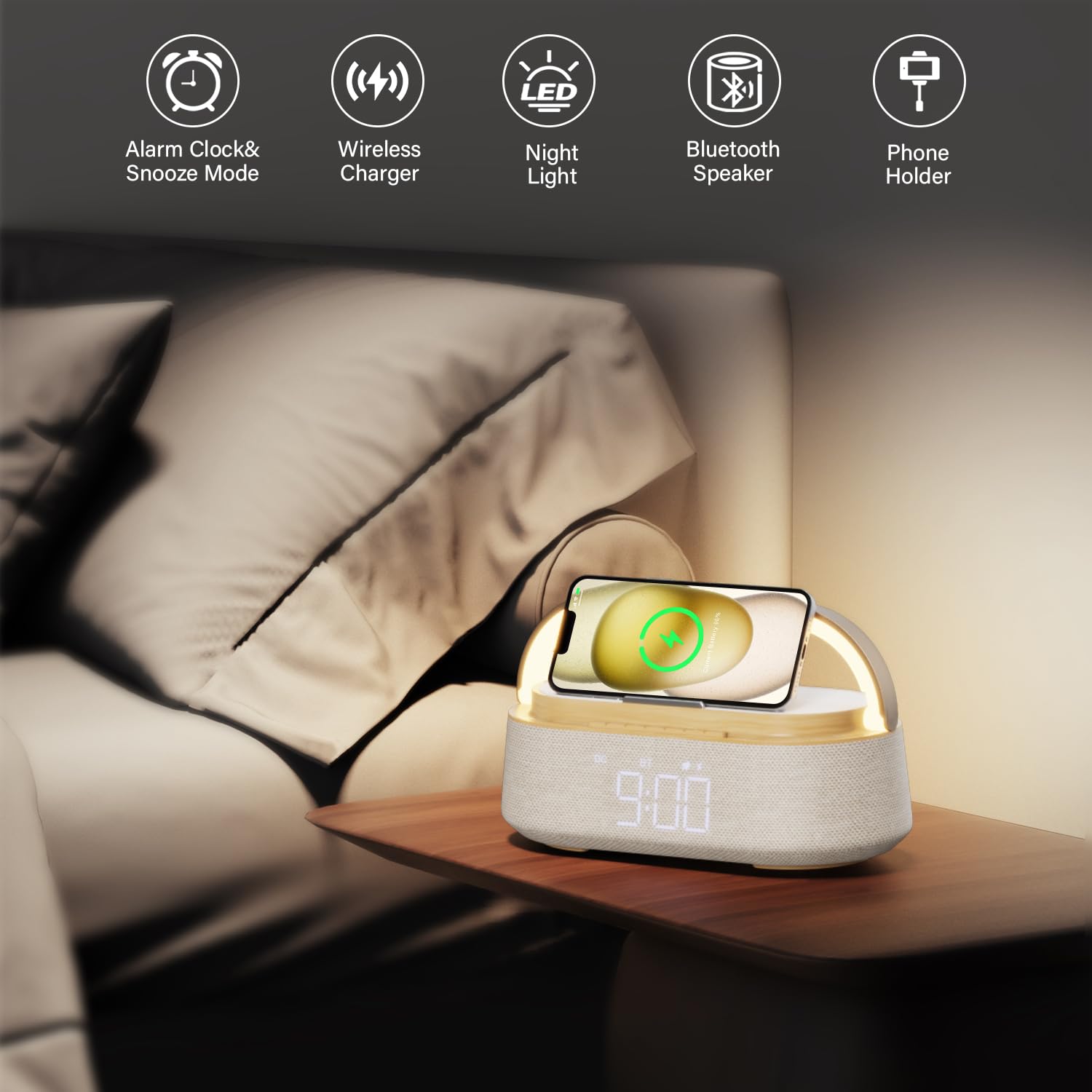 FREEFISH Portable Bluetooth Speaker with 15W Wireless Charger, FM Radio, Adjustable LED Night Light, Dual Wireless Pairing, Bluetooth 5.0 - Perfect for Home, Outdoor, Travel & Party Use