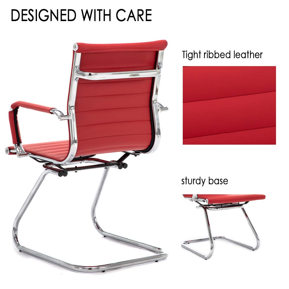 Wahson Office Guest Chairs - No Wheels Leather Reception Chairs, Mid Back Conference Chairs with Sled Base for Waiting Room, Meeting, Lobby or Office - Dark Red (2 Pack) - Perfect for Professional Spaces, Corporate Waiting Areas and Conference Rooms