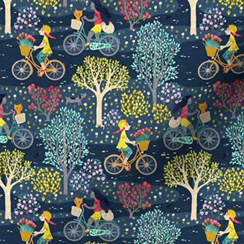 Cycling Bicycle Night Garden Floral Printed Velvet Fabric - Fat Quarter for Upholstery, Home Decor & Apparel | Perfect for DIY Projects, Quilting & Fashion Design