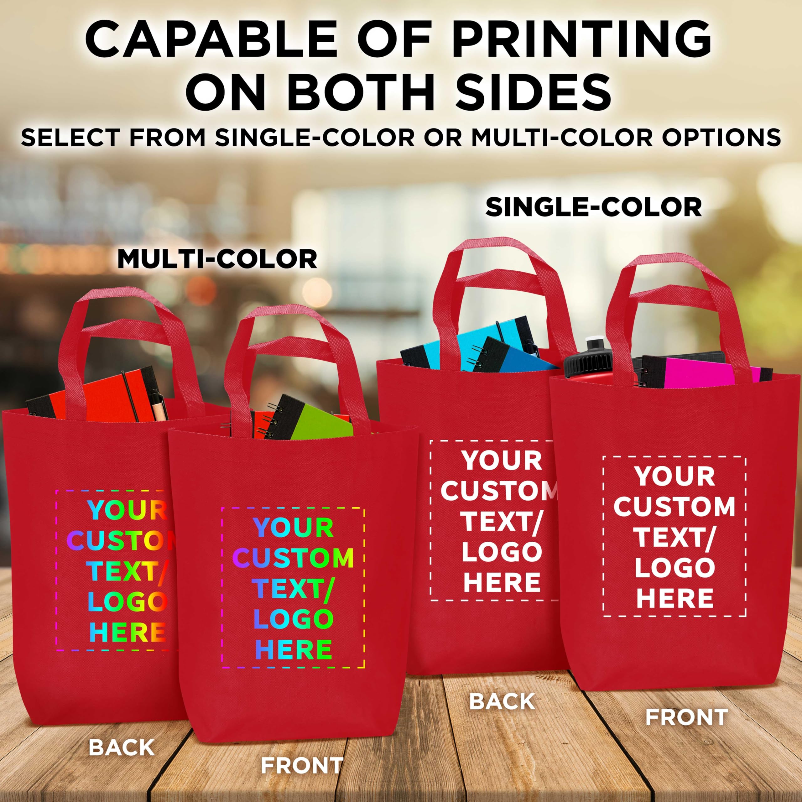 Custom Large Heavy Duty Reusable Tote Bags - Bulk Pack of 100 Personalized Grocery & Shopping Bags - Durable Promotional Merchandise for Business Branding & Giveaways - Red - Perfect for Retail Stores, Trade Shows & Eco-Friendly Shopping
