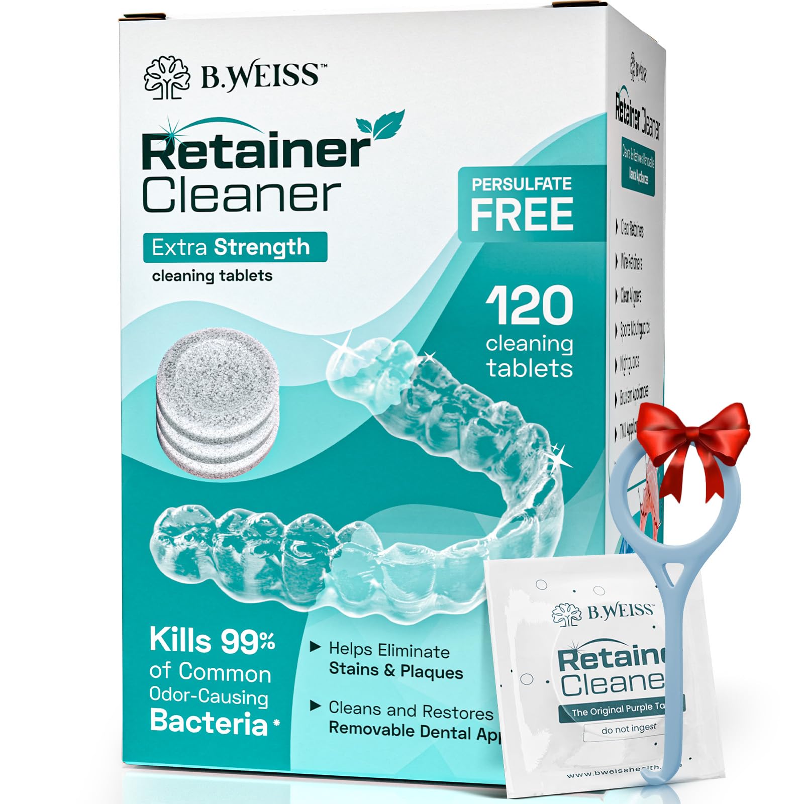 Weiss Naturals Retainer Cleaner Tablets - Invisalign & Night Guard Cleaner, Remove Stains, Odors & Plaque, FSA/HSA Eligible, PERSULFATE Free Denture Cleaner, 120 Mint Scented Tablets (4-Month Supply) - Perfect for Clear Aligners, Retainers & Dental Appliances