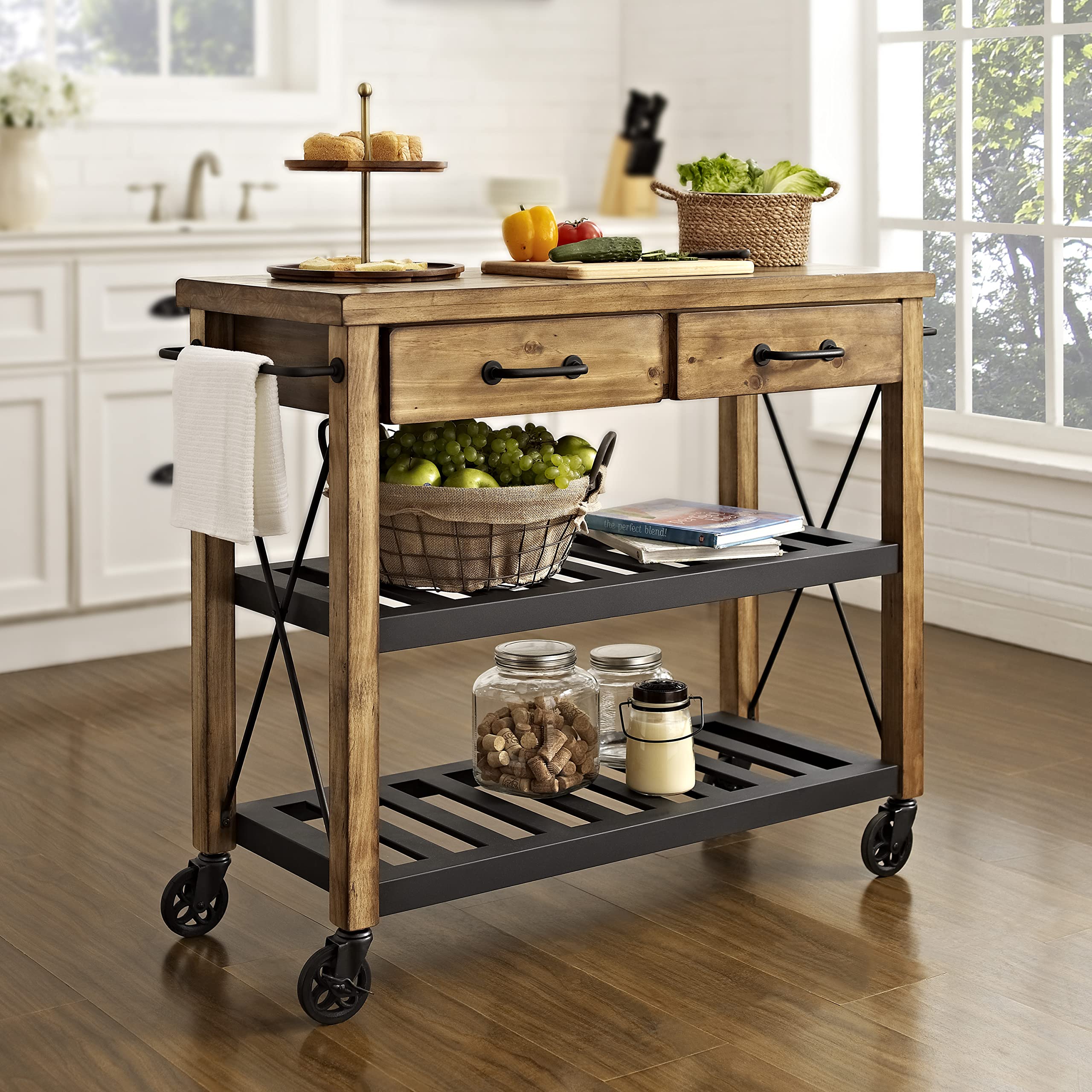 Crosley Furniture Roots Rolling Cart & Kitchen Island - Microwave Stand with Storage Shelves & Drawers, Natural Wood - Perfect for Small Kitchen, Pantry Organization & Mobile Serving Station