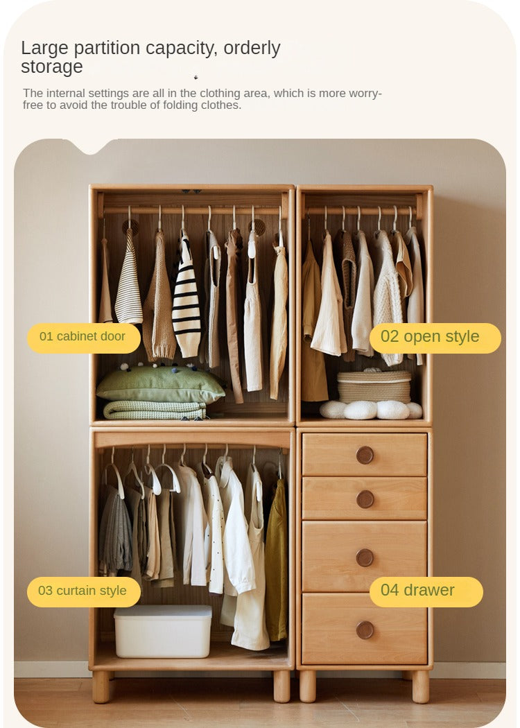 Solid Wood Beech & Rubber Kids Wardrobe - Multi-Functional Storage Cabinet for Bedroom, Nursery, and Playroom Organization