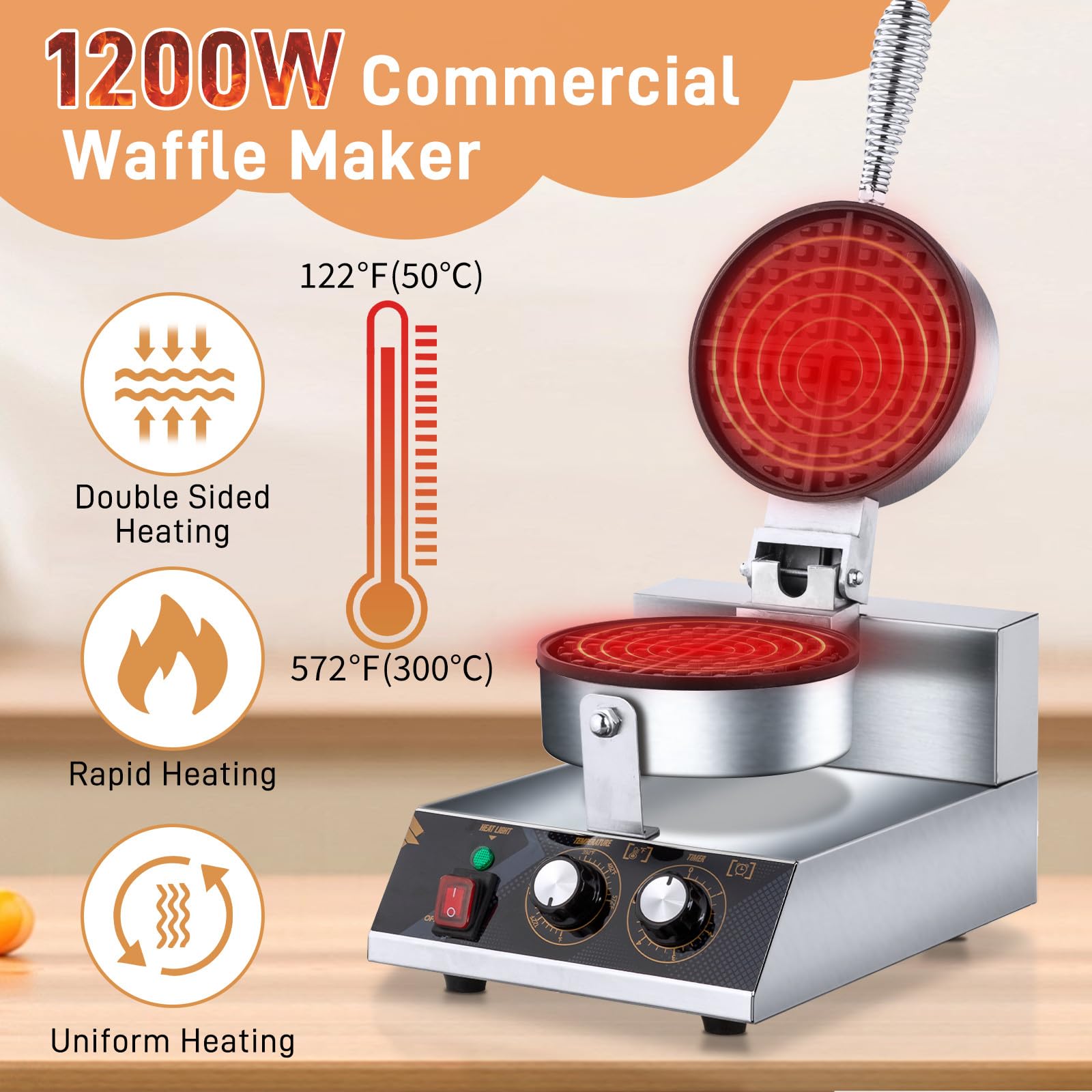 ROVSUN Commercial Electric Belgian Waffle Maker - 360° Rotating Non-Stick Waffle Iron with Adjustable Temperature & Timer - Perfect for Hotels, Restaurants, and Breakfast Cafes