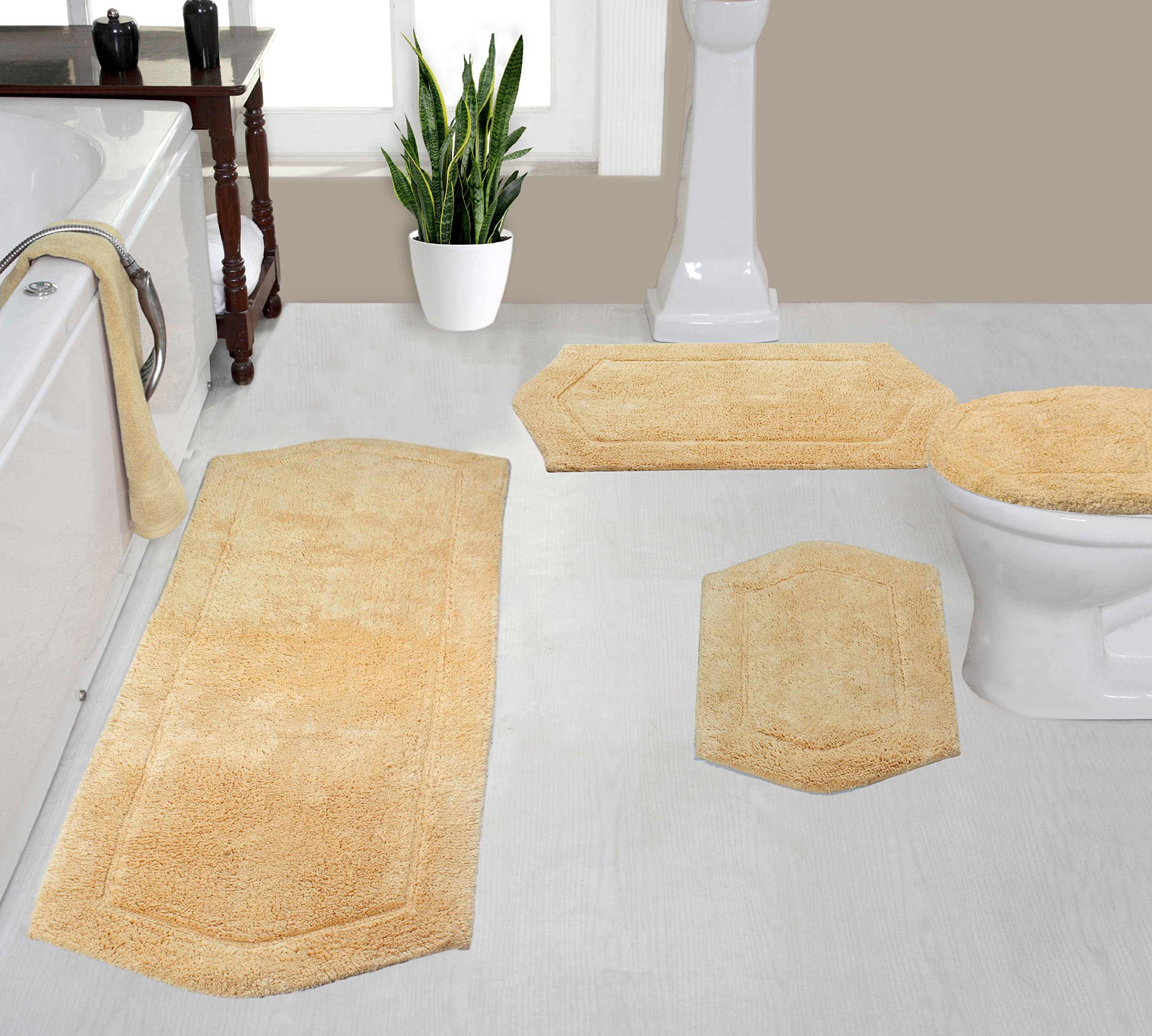 Premium Absorbent Cotton Bath Rug Set - 4 Piece Soft & Machine Washable Bathroom Mat - Home Weavers Waterford Collection in Yellow - Perfect for Bathroom, Shower & Vanity Areas