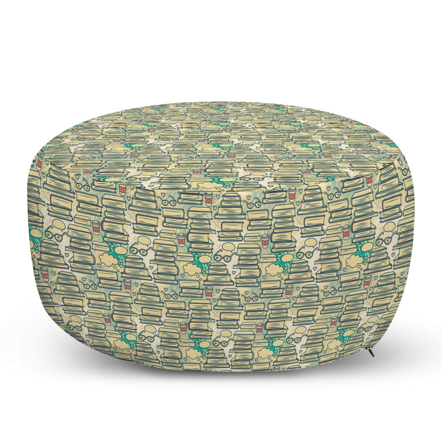 Ambesonne Book Lover Ottoman Pouf - Soft Foot Rest with Removable Cover, Stacks of Books Design with Thought Bubbles, Glasses, Hearts & Coffee Cups - Cream Almond Green - Perfect for Living Room, Bedroom & College Dorm Decor