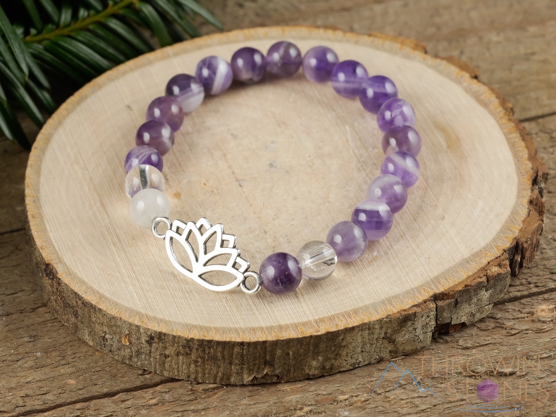 Chevron Amethyst Crystal Bracelet with Lotus Flower Charm - Clear Quartz Round Beads - Handmade Beaded Charm Bracelet for Women - Spiritual Healing Jewelry for Meditation, Yoga & Positive Energy (E1437)