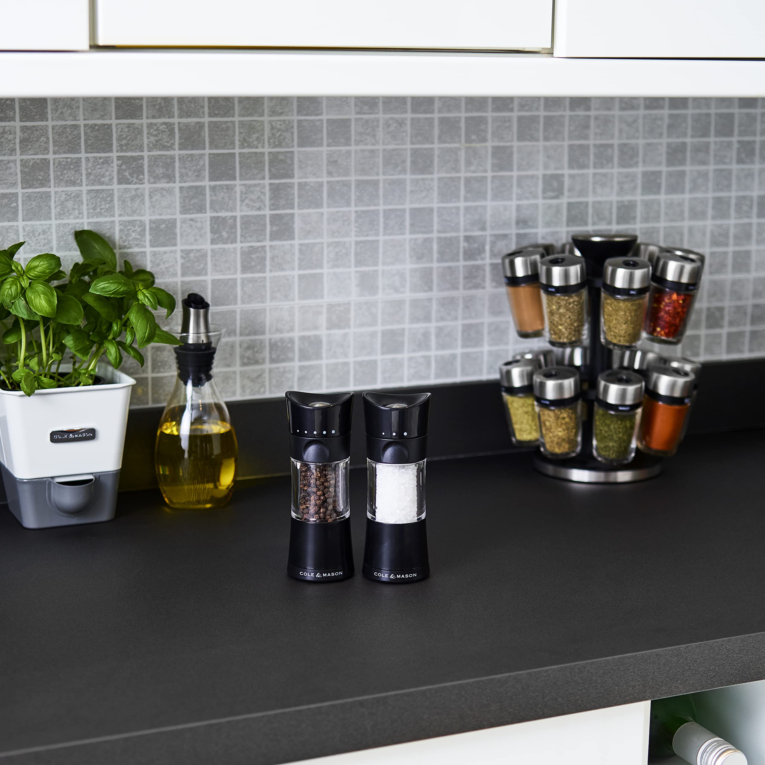 Cole & Mason Harrogate Black Salt and Pepper Grinder Set - Adjustable Ceramic Mechanism, Inverta Design, ABS Plastic (6.1 Inch) - Perfect for Kitchen, Dining Table & Gift Giving - Includes 2 Premium Mills for Freshly Ground Spices